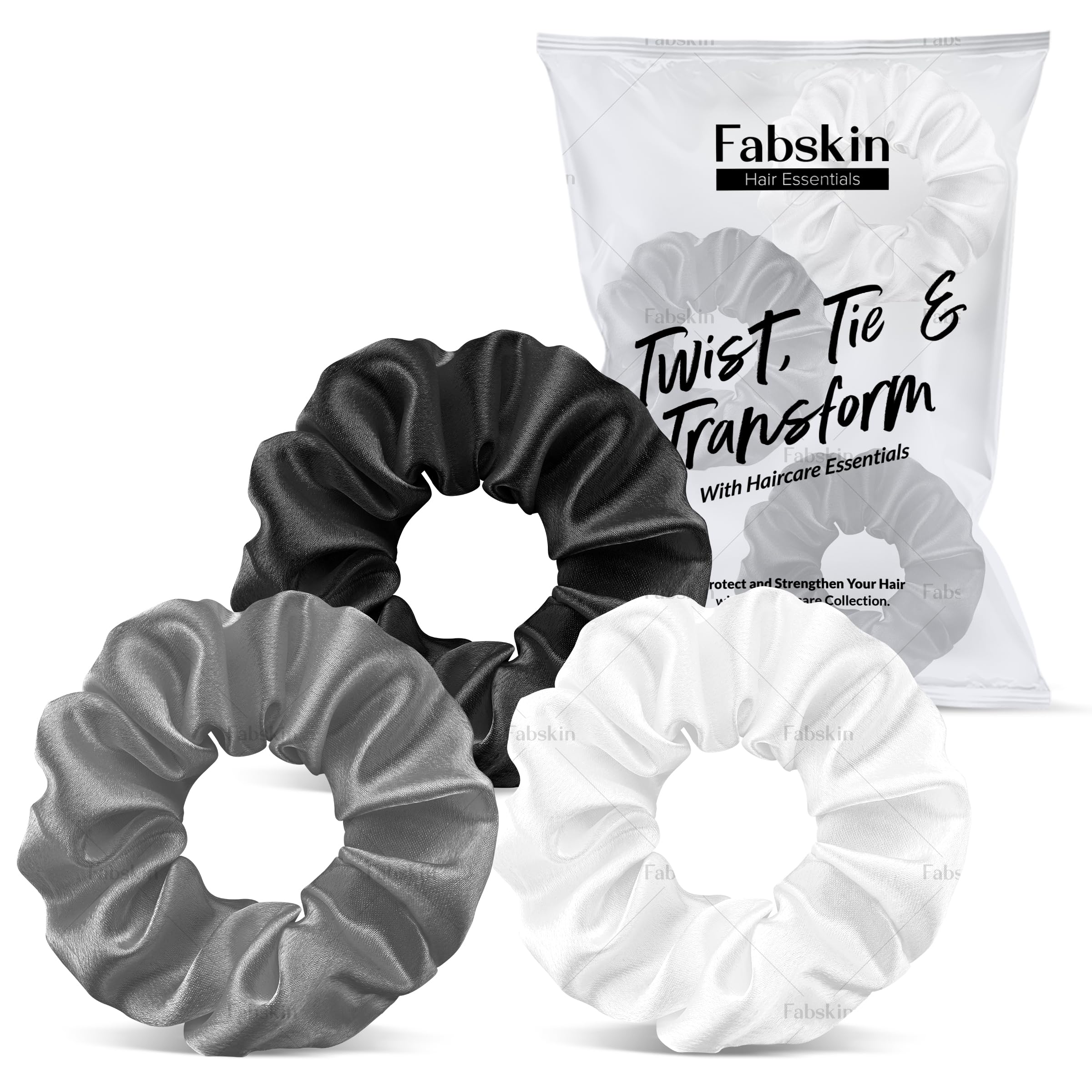 FABSKINLuxury Satin Scrunchies For Women and Girls | Stylish & Cute Hair Accessories Ties Scrunchies Ponytail Holders | Pack Of 3 (Black, White & Grey)