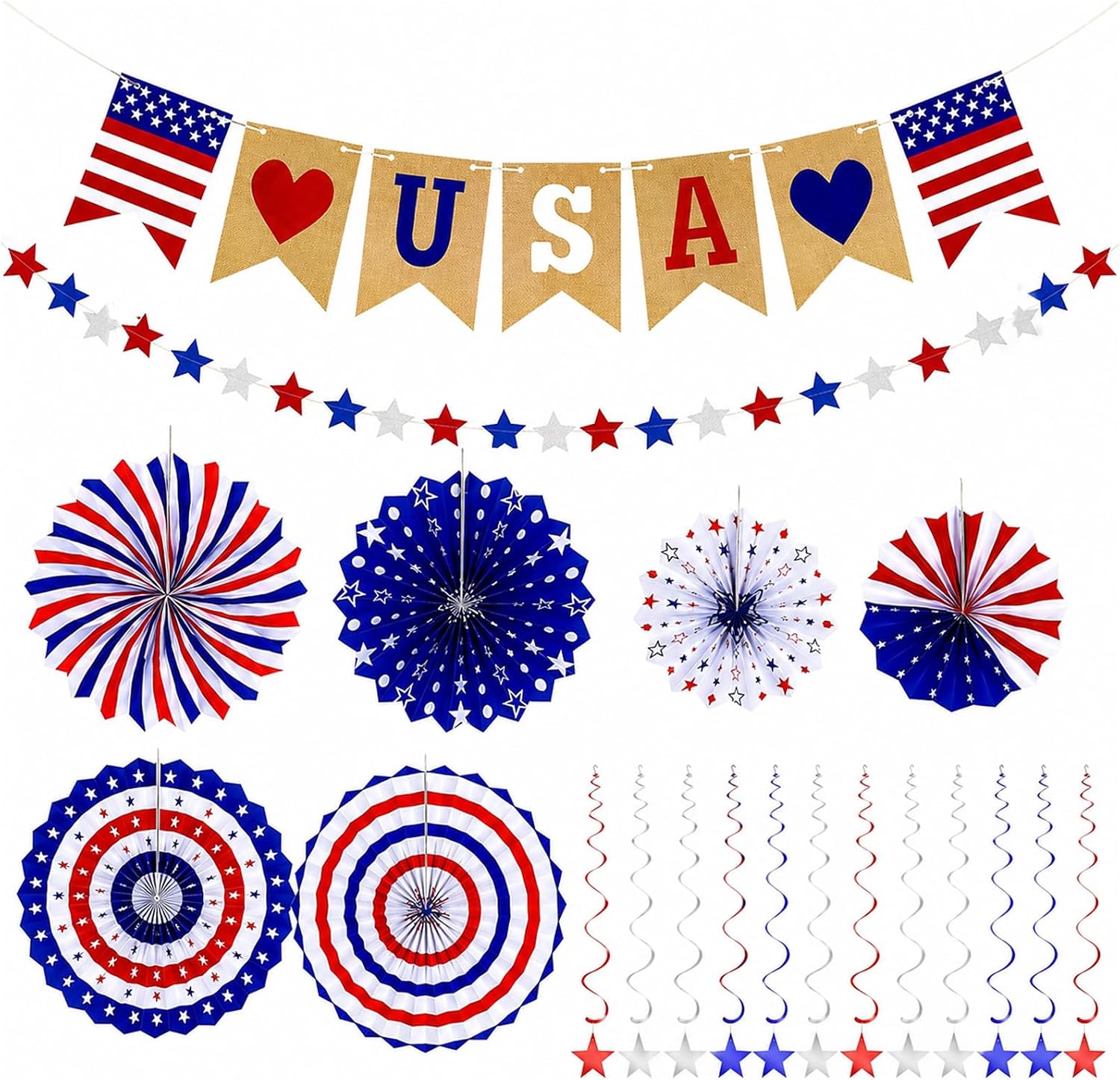 4th of July Decorations Set, 20 PCS Easy Setup Patriotic Red White Blue Paper Fans, USA Banner, Star Garland, Hanging Swirls and Spiral Stars for 250th Anniversary Patriotic Party Decor