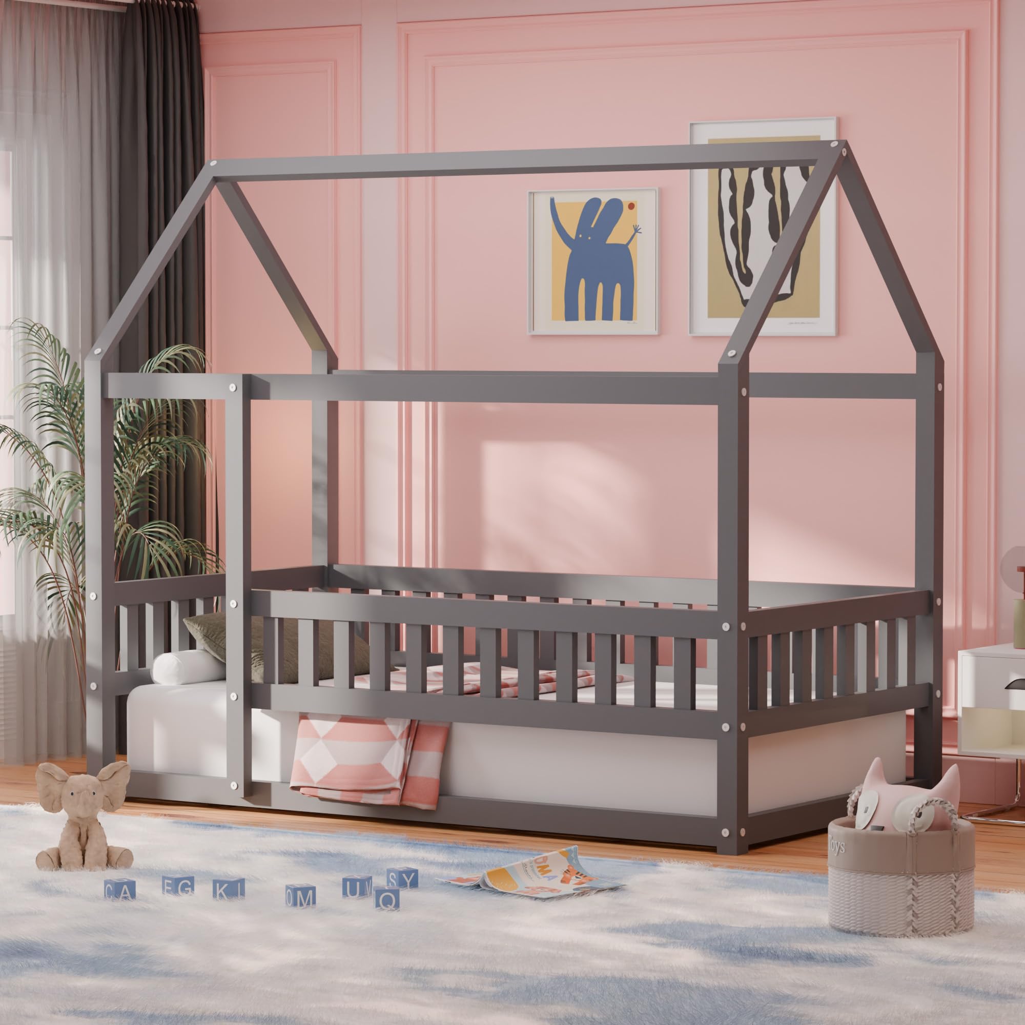 Twin Size House Floor Bed with High Safety Fence, Gray Wood Montessori Bed Frame with Slats for Kids, No Box Spring Needed, Easy Assembly for Secure & Independent Sleep