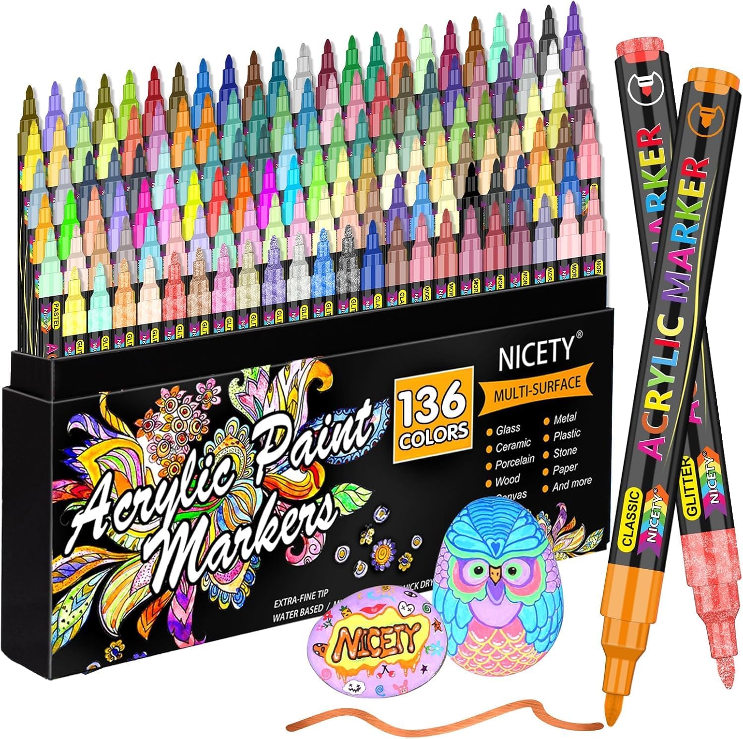 136 Colours Acrylic Paint Pens Set - Paint Markers for Rock Painting Stone Glass Ceramic Wood Metal Fabric - 0.7mm Extra Fine Tip Water Based Acrylic Markers