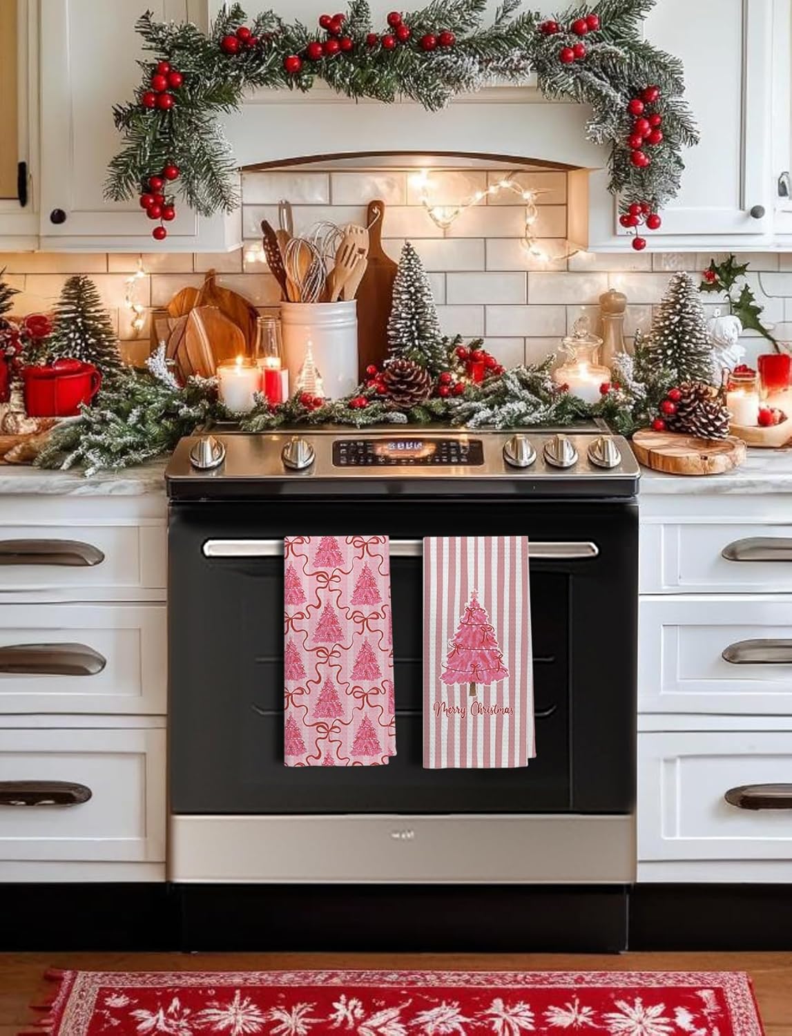 Pink Merry Christmas Tree Kitchen Towels, Coquette Christmas Tree Hand Towels for Bathroom, Preppy Pink Xmas Striped Holiday Dish Tea Towel for Kitchen Decor, 16x24 Inch Set of 2 - Image 5
