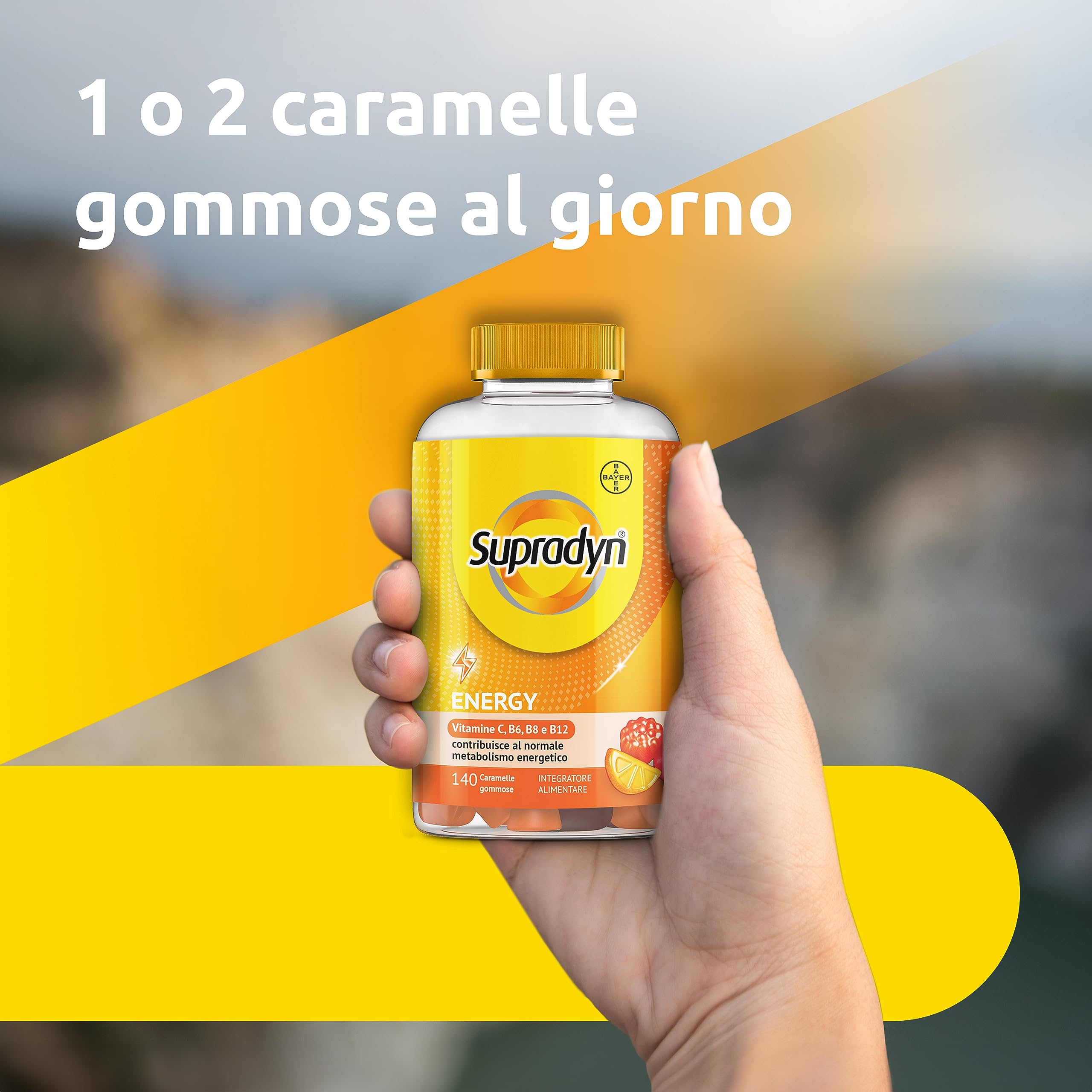 Supradyn Energy Multivitaminico Caramelle, Integratore Multivitaminico Completo, con Vitamine A, B, C, D, E e Coenzima Q10, 140 Caramelle Gommose Multivitaminiche Gusto Ciliegia, Lampone e Arancia