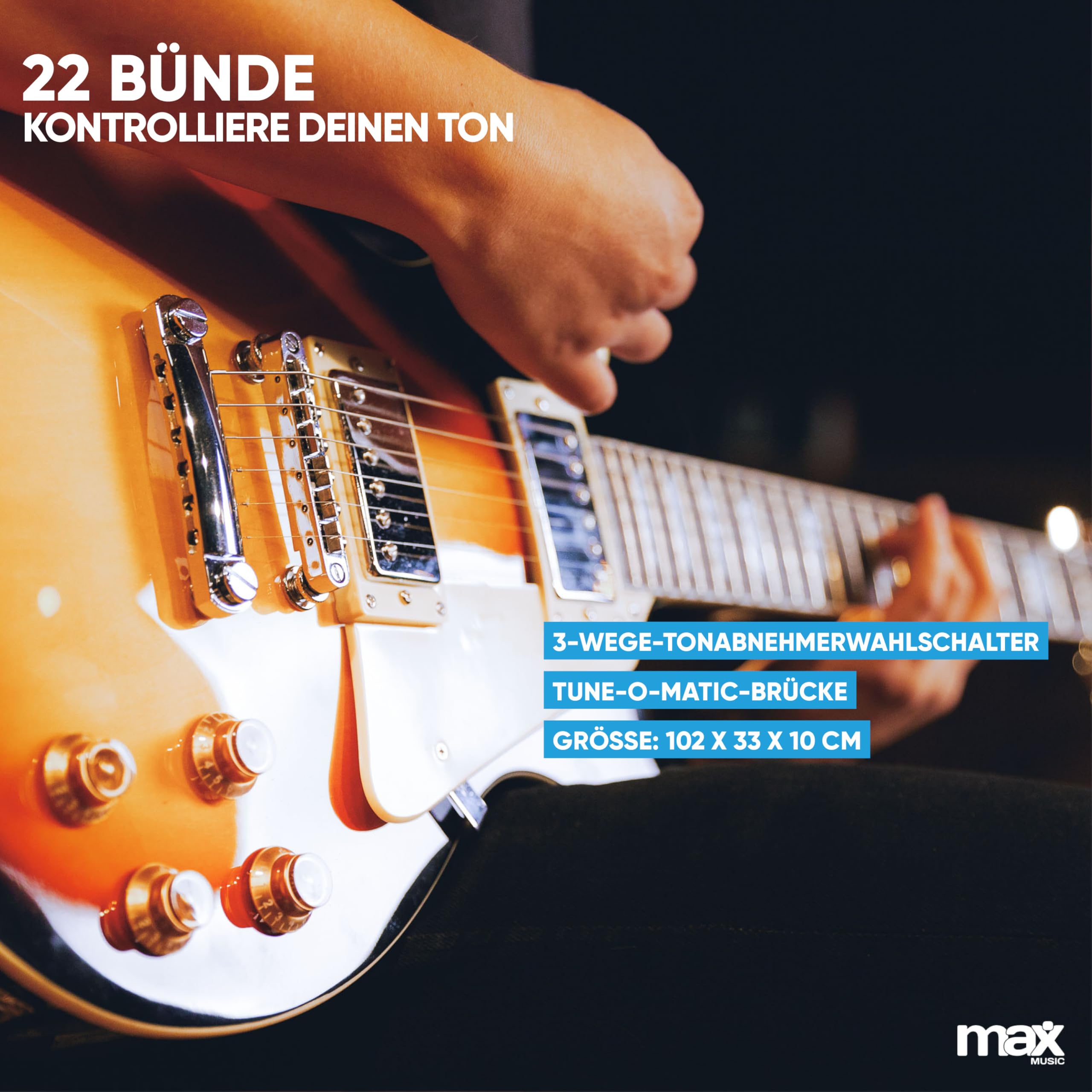 Max GigKit SC E Gitarre, E Gitarren Set mit Gitarrenverstärker, Tasche, Plektrum, Stimmgerät, Instrumentenkabel, Ersatzsaiten, Gitarrengurt, 22 Bünde - Sunburst