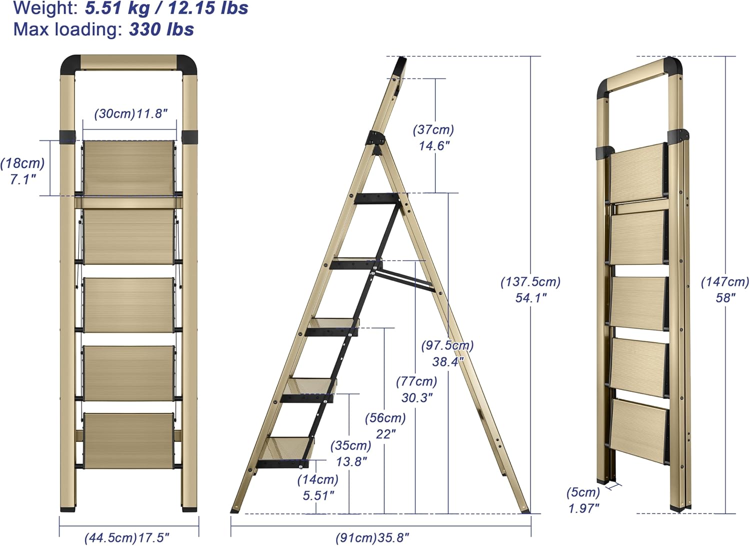 Step Ladder 5-Step Champagne Gold Finish Aluminum Folding Step Ladders,Anti-Slip Max 330 lbs