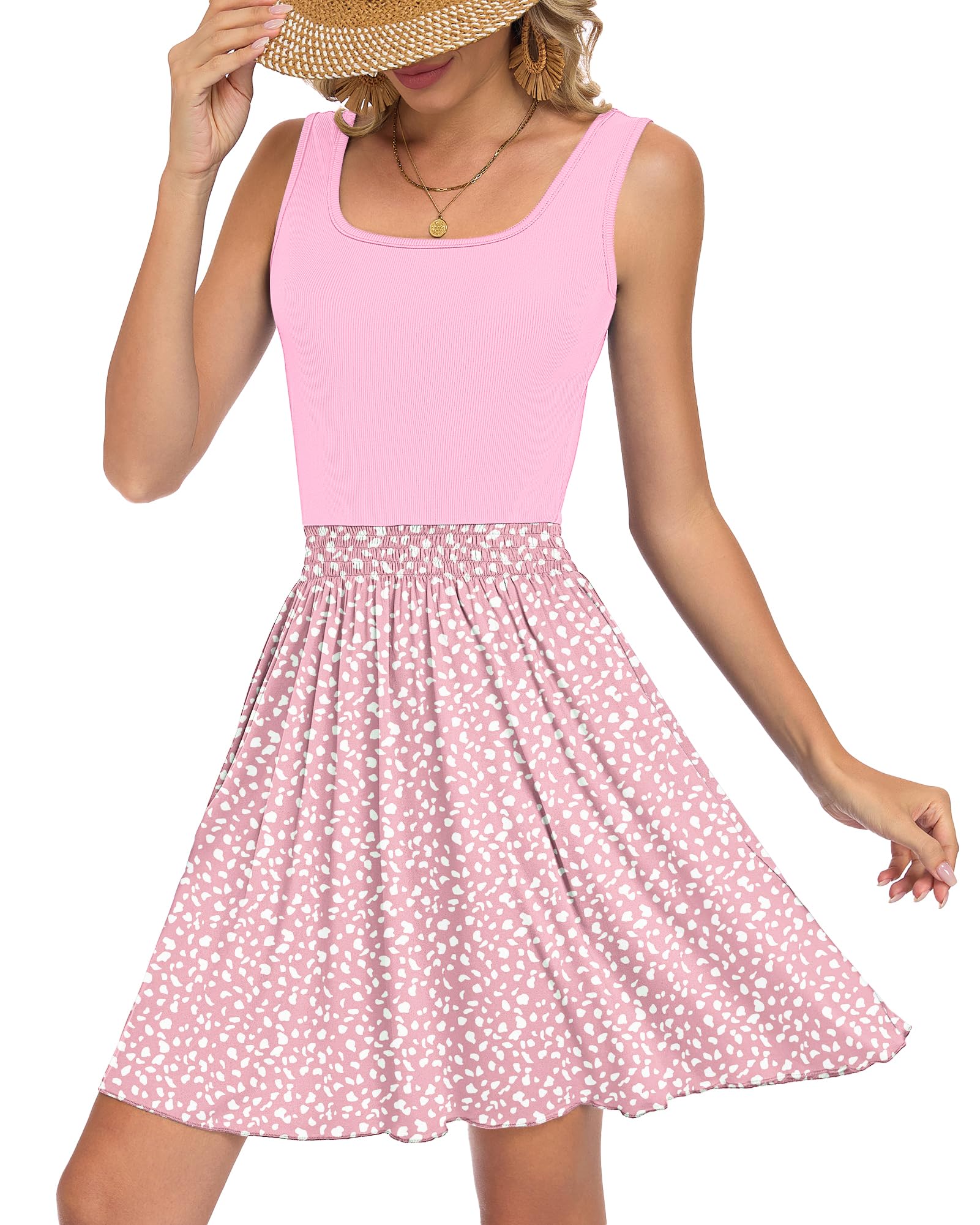 WNEEDU Ärmellose Sommerkleider Damen Sexy Strandkleid Floral Minikleider Hohe Taille Swing Kleider U-Ausschnitt mit Taschen