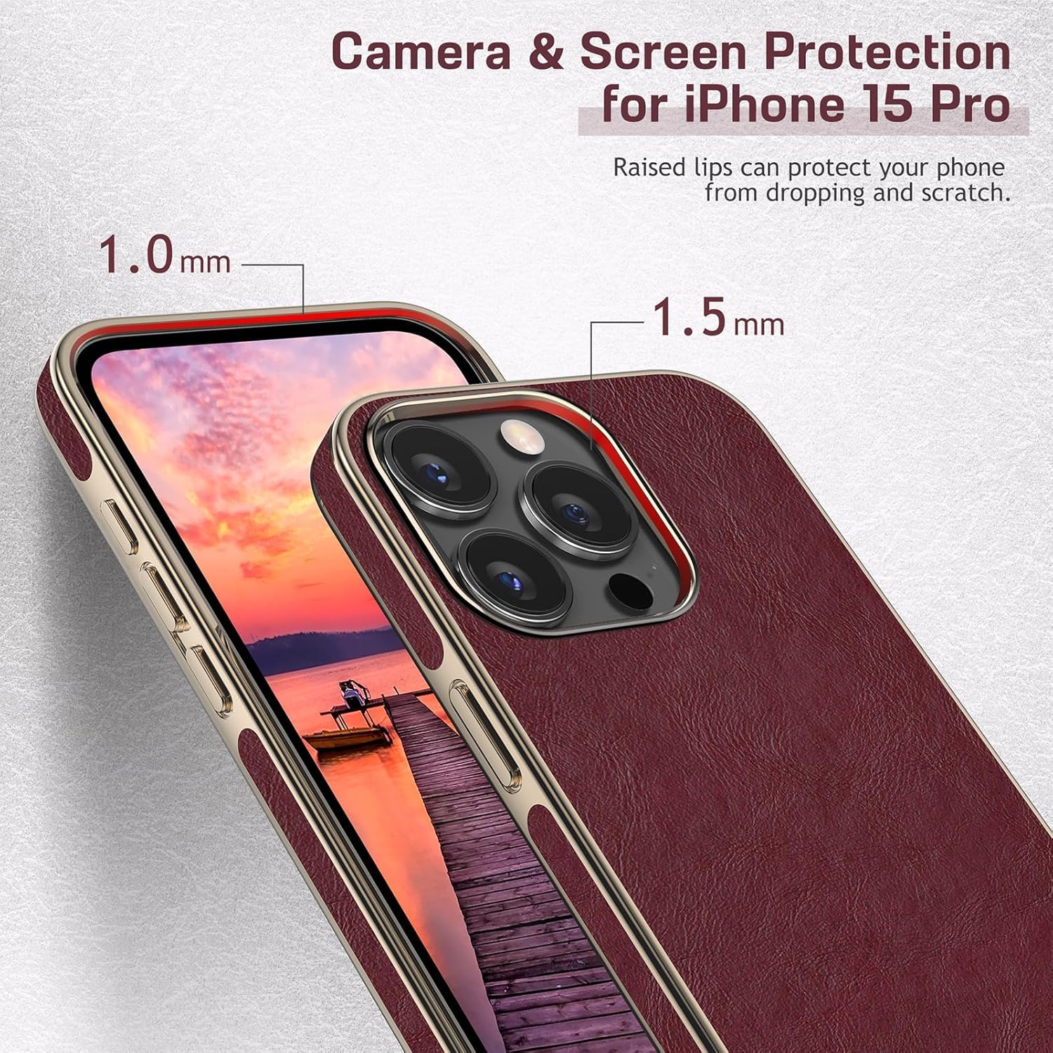 LOHASIC for iPhone 15 Pro Case, Thin Slim Leather Luxury Elegant PU Soft Non-Slip Grip Shockproof Bumper Full Body Protective Cover Cute Girls Women Phone Cases for iPhone 15 Pro 6.7" 2023 - Burgundy