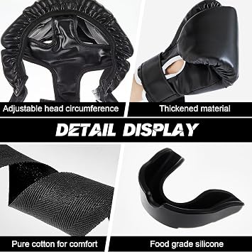 Kanayu 14 Pcs Boxing Gloves and Headgear Set for Beginners Youth 16 Ounce Boxing Gloves Headgear Helmet Hand Wraps Mouth Guards Equipment for Beginners Training Equipment Gifts