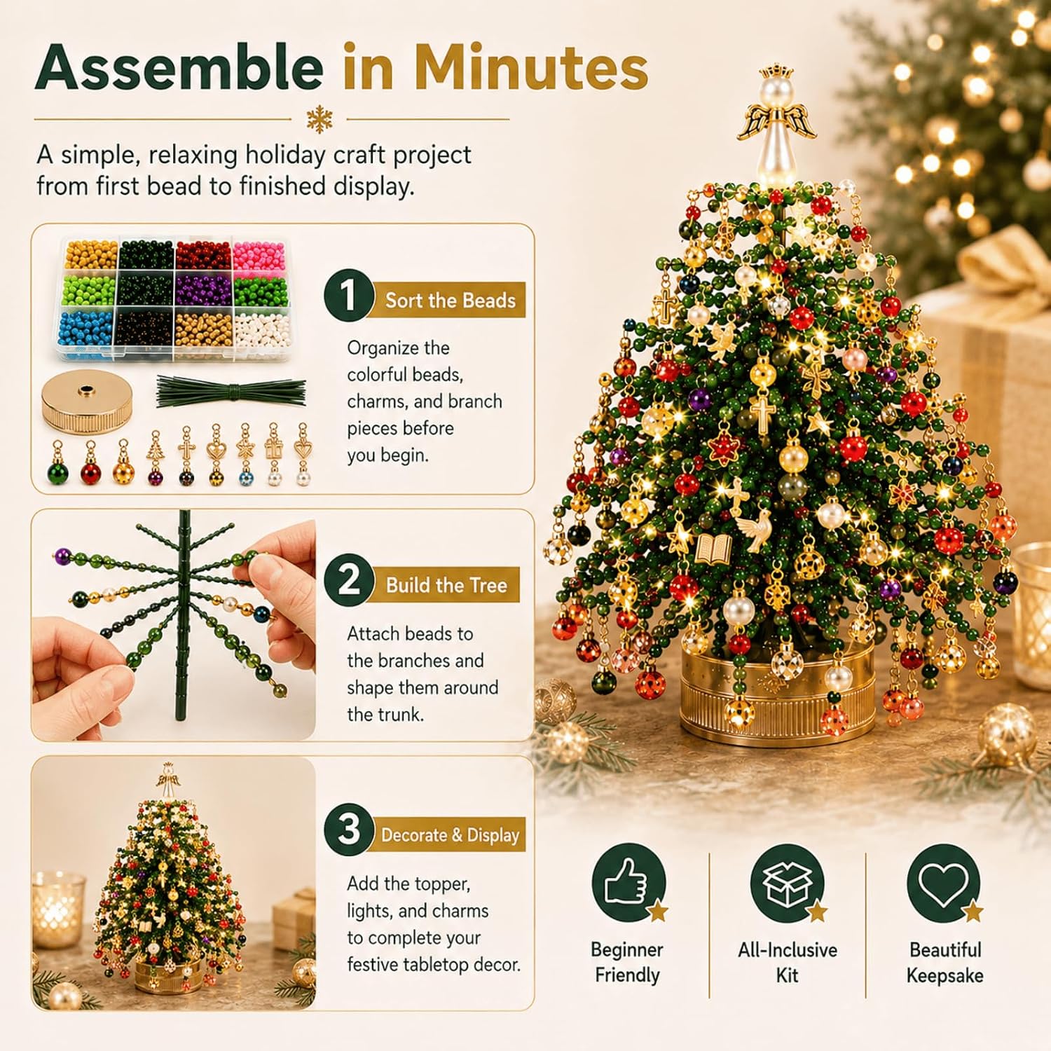 DIY Beaded Christmas Tree Kit with Lights, Crystal Bead Craft for Adults，A