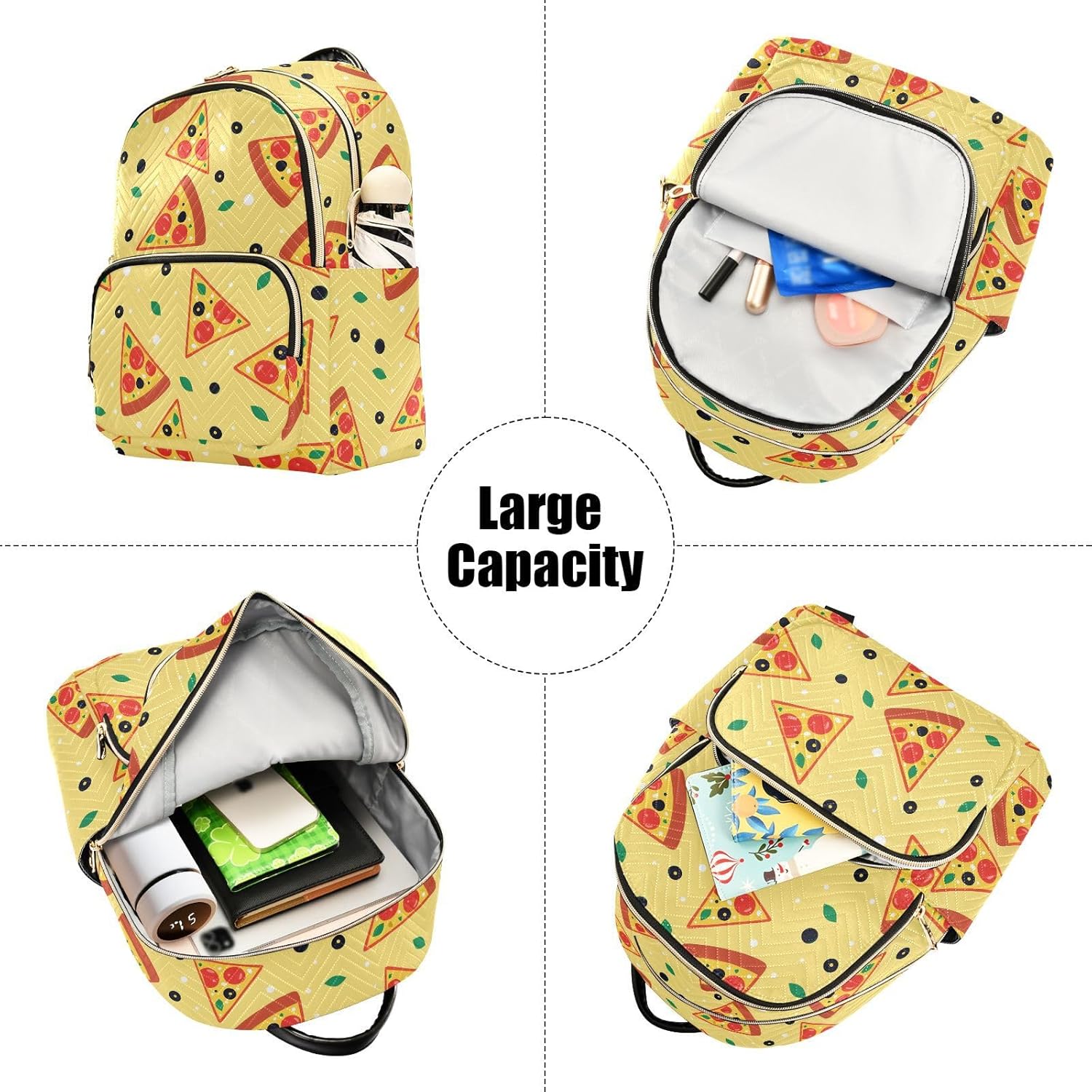 Cartoon Pizza Polka Dots Yellow Backpack Purse for Women Shoulder Bag Fashion Daypack Ladies Handbag Lightweight Travel Bag Rucksack