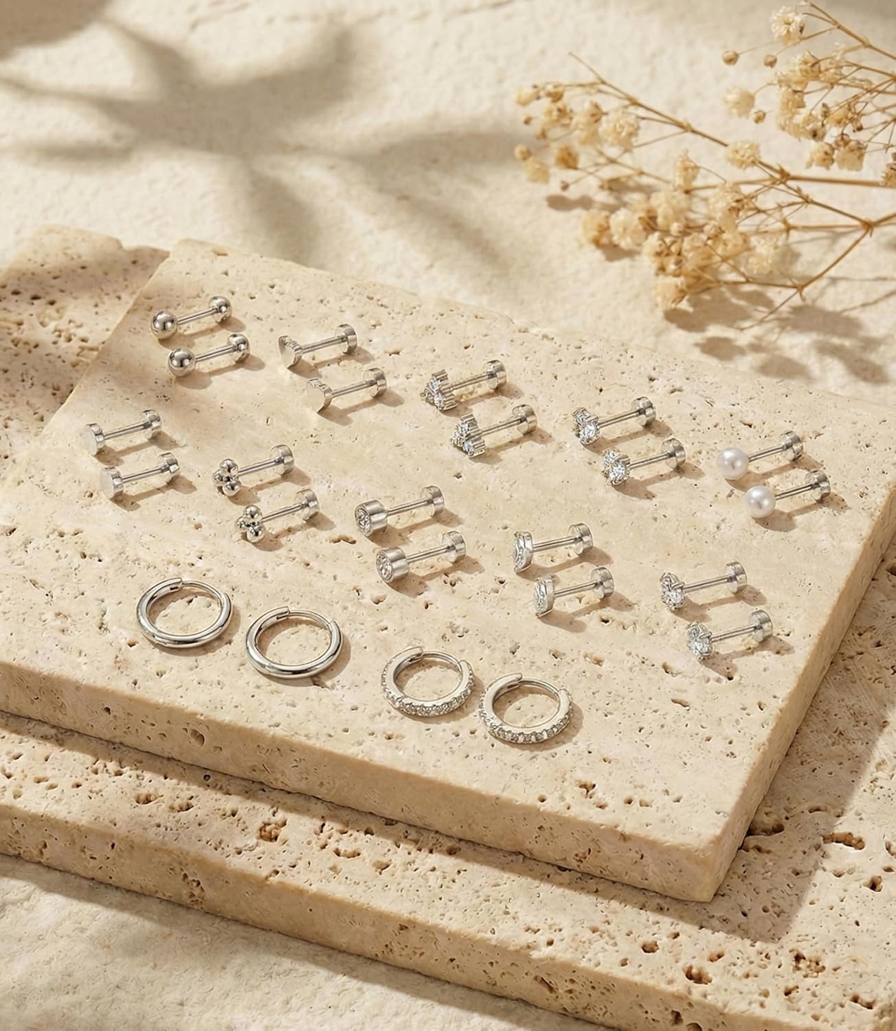 Incaton Hypoallergenic 14K Gold Plated Flat Back Earrings for Women Surgical Stainless Steel Earrings for Sensitive Ears Small Stud Hoop Cartilage Earring Stack Set For Multiple Piercing - Image 2