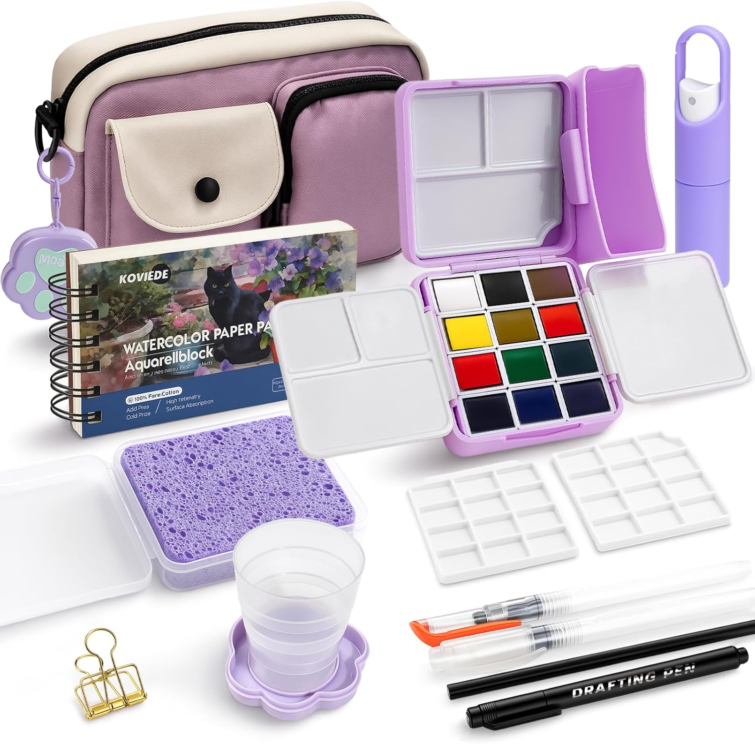 Mini Watercolor Travel Set - 12 Color All-in-One Portable Kit with Crossbody Bag, 300 GSM Watercolor Journal, Foldable Water Cup, Sponge, Metal Clip, and Water Brushes, Ideal for Art Lovers