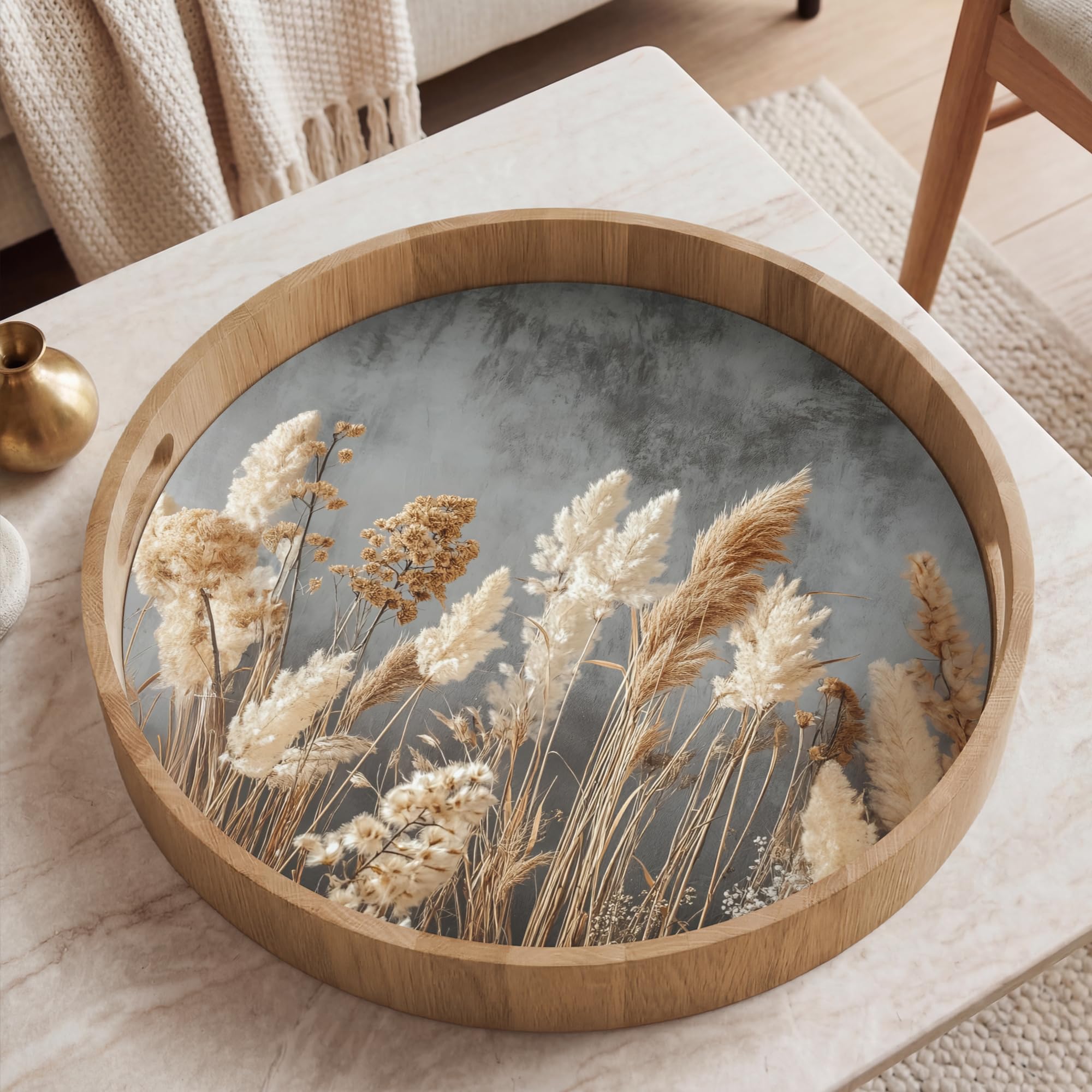 Serviertablett Rund 50x50 cm Servierplatte Eichenholz Servier Tablett Mit Henkel Serving Tray Kratzfest Kaffeetablett Teetablett Getrocknete Feldblumen - Grau - Beton