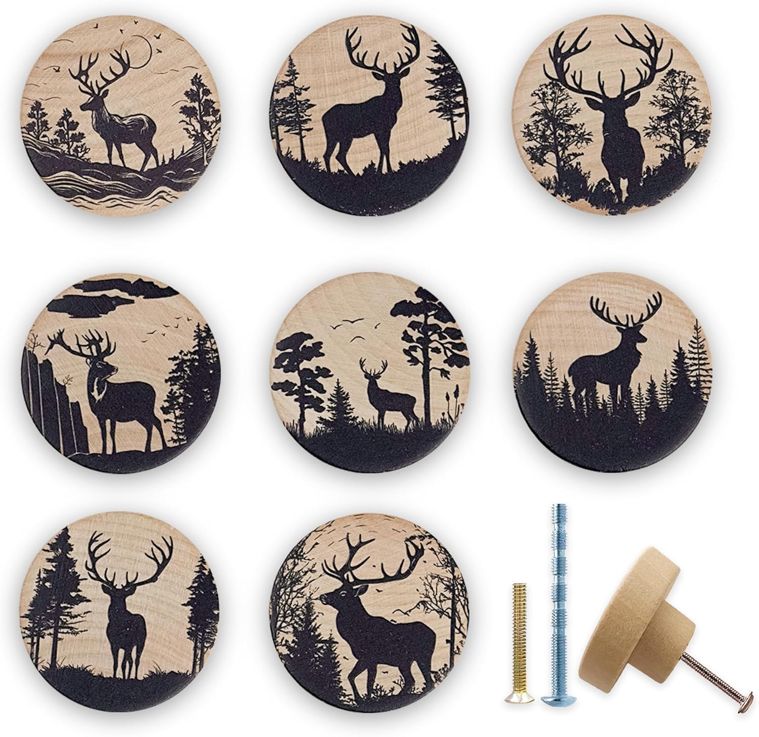 8Pack1.8 Rustic Wooden Deer Drawer Knob Wood Vintage Woodland Moose Animal Theme Kitchen Cabinet Furniture Dresser Drawer Knobs Pulls