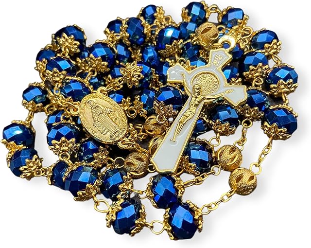 Nazareth Store St.Benedict Deep Blue Rosary Beads Catholic Rosary Necklace Golden Men, Women Chaplet Miraculous Medal and Cross 22"