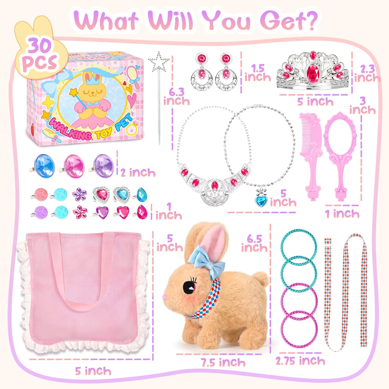 CatchCute Plush Toys Interactive Realistic Walking Bunny Toy Set with Leash and Mesh Storage Bag,Stuffed Bunny with Princess Jewelry Accessories,Perfect Thanksgiving Birthday Gifts for Kids