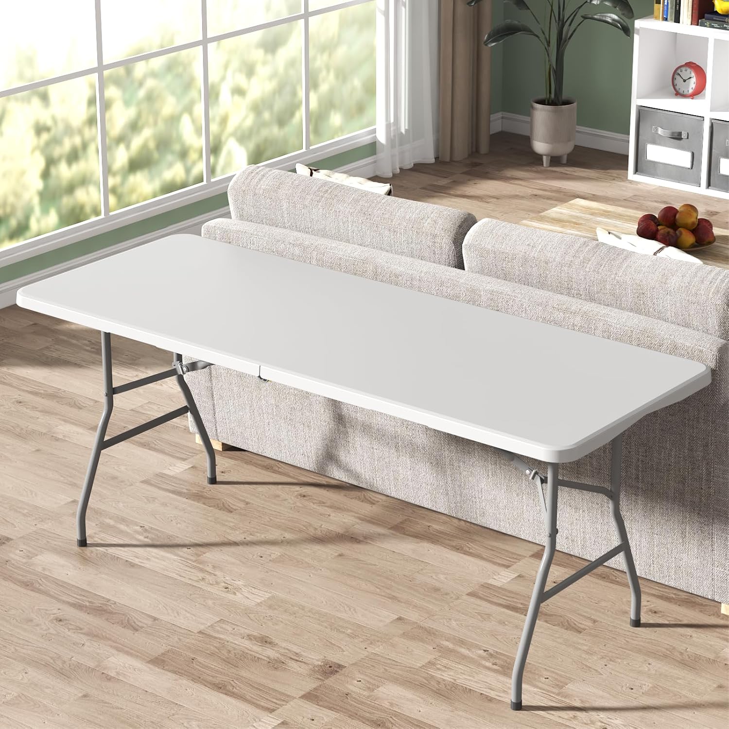 6FT Folding Table 2 Pack, Portable Plastic Folding Table, Fold up Tables with Carrying Handle, Easy Foldable and Storage for Dinning Camping Picnic Indoor Outdoor