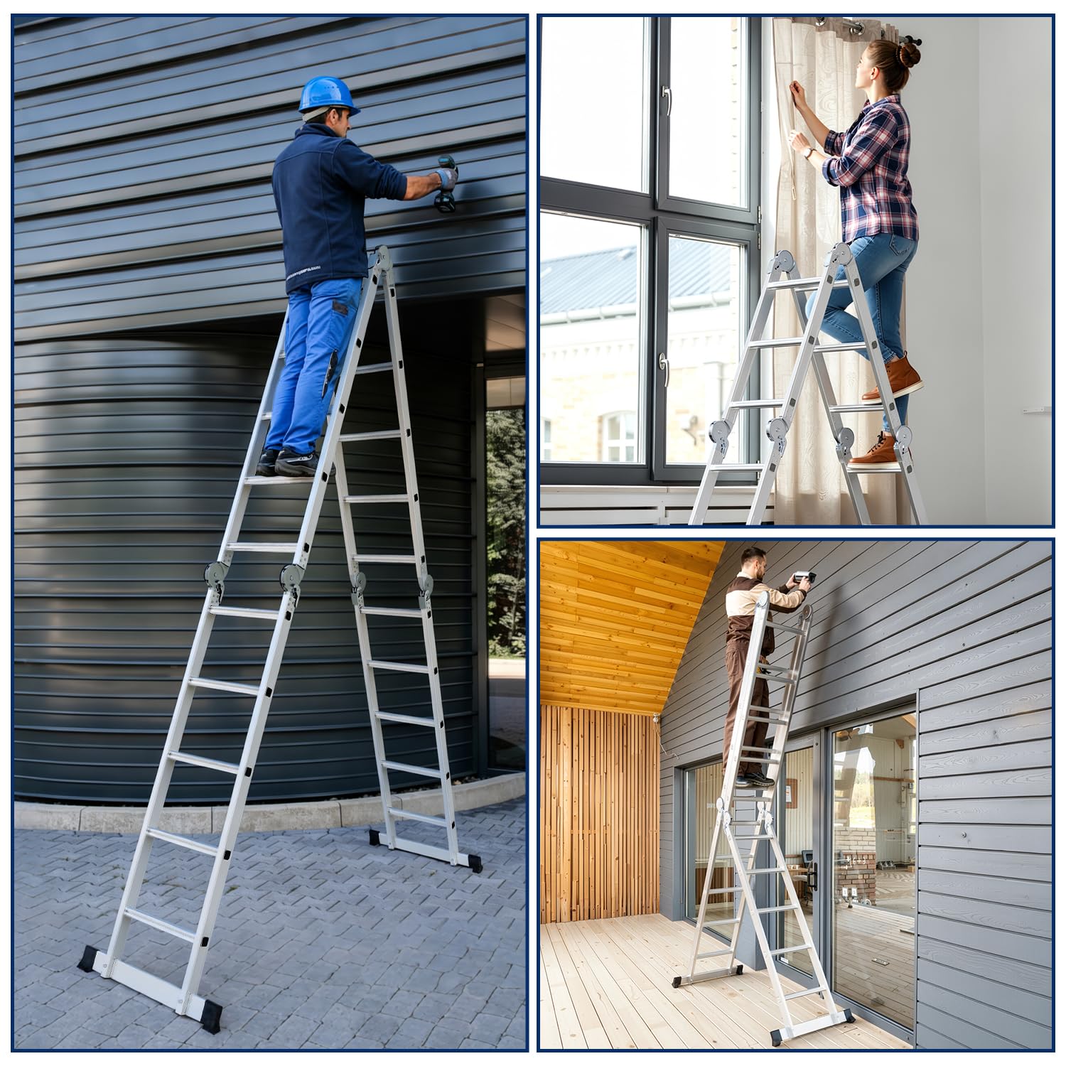 Ikodm Aluminiowa drabina wielofunkcyjna 4 x 4 stopnie 468 cm 7 w 1, 150 kg | Wysokiej jakości aluminium; antypoślizgowe; elastyczne zastosowanie 7 w 1; nośność 150 kg; dom i ogród; kompaktowo składany