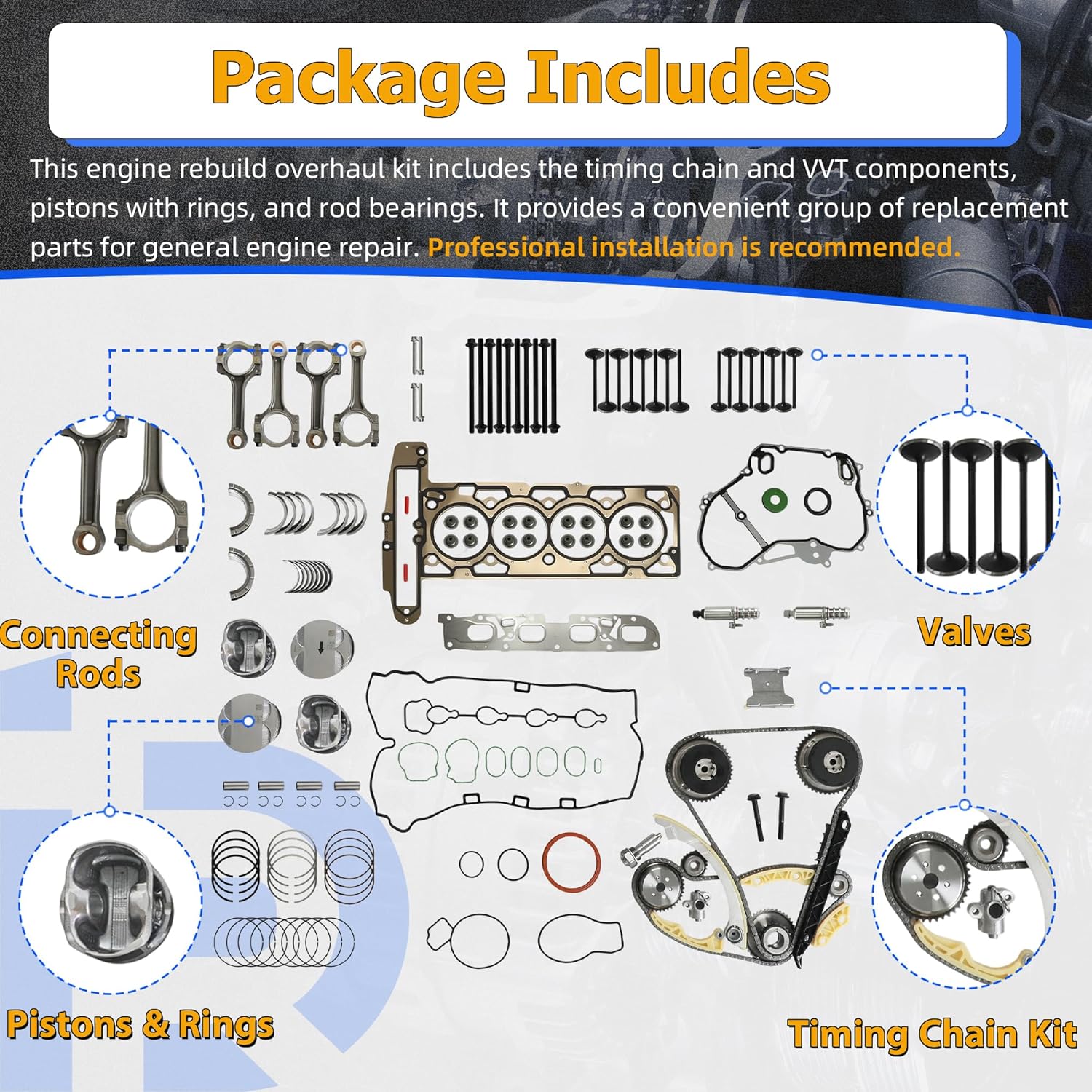 Engine Rebuild Kit Timing Chain VVT Kit Head Gasket Set Piston & Ring Rod Bearing Fit For Buick Regal Verano LaCrosse Chevy Impala Equinox Malibu GMC Terrain 2.4L 2010-2017 9-4201S HS54874 12654958