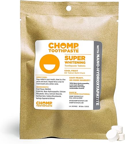 Chomp Pastillas de pasta de dientes de frutas frescas súper blanqueadoras con recambio de nano hidroxiapatita