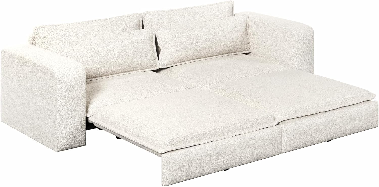 Convertible King Size Sofa Bed, 3 in 1 Teddy Sleeper Sofa Pull-Out Bed with Armrests, 3 Seater Couches with 2 Pillows, Sleeper Couch Reading Chairs for Living Room(Beige)