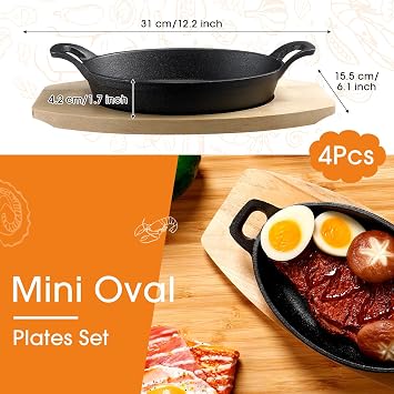 Mifoci 4 Pcs Mini Cast Iron Skillet with Wooden Base 8.5 x 6.1 x 1.7 Inches