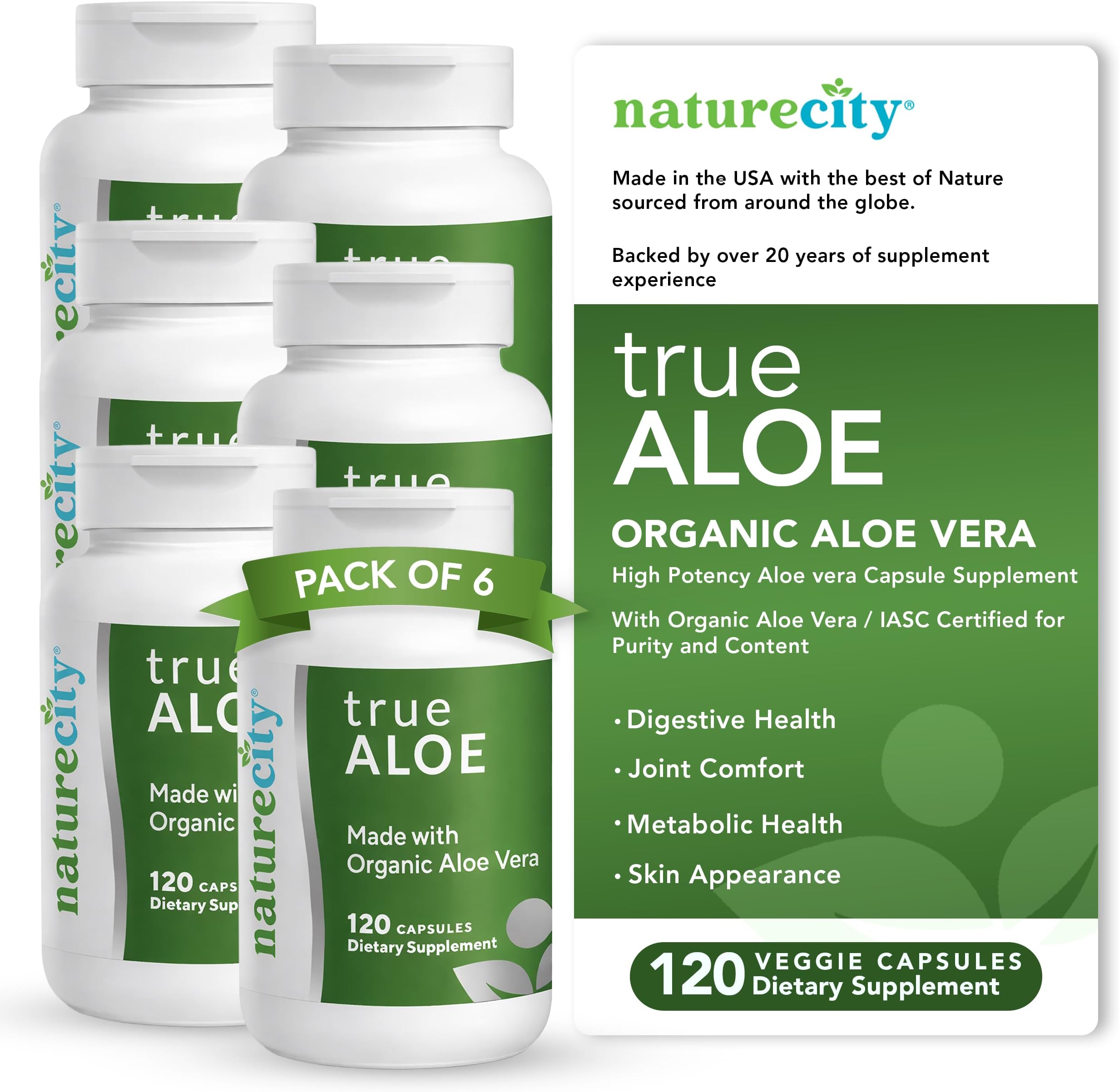 NatureCity TrueAloe Organic Aloe Vera Capsules - Supports Digestive Balance, Joints and Stomach Comfort - Plant-Based Aloe Barbadensis Powder - Easy-to-Swallow Single Ingredient Formula - 720 Caps