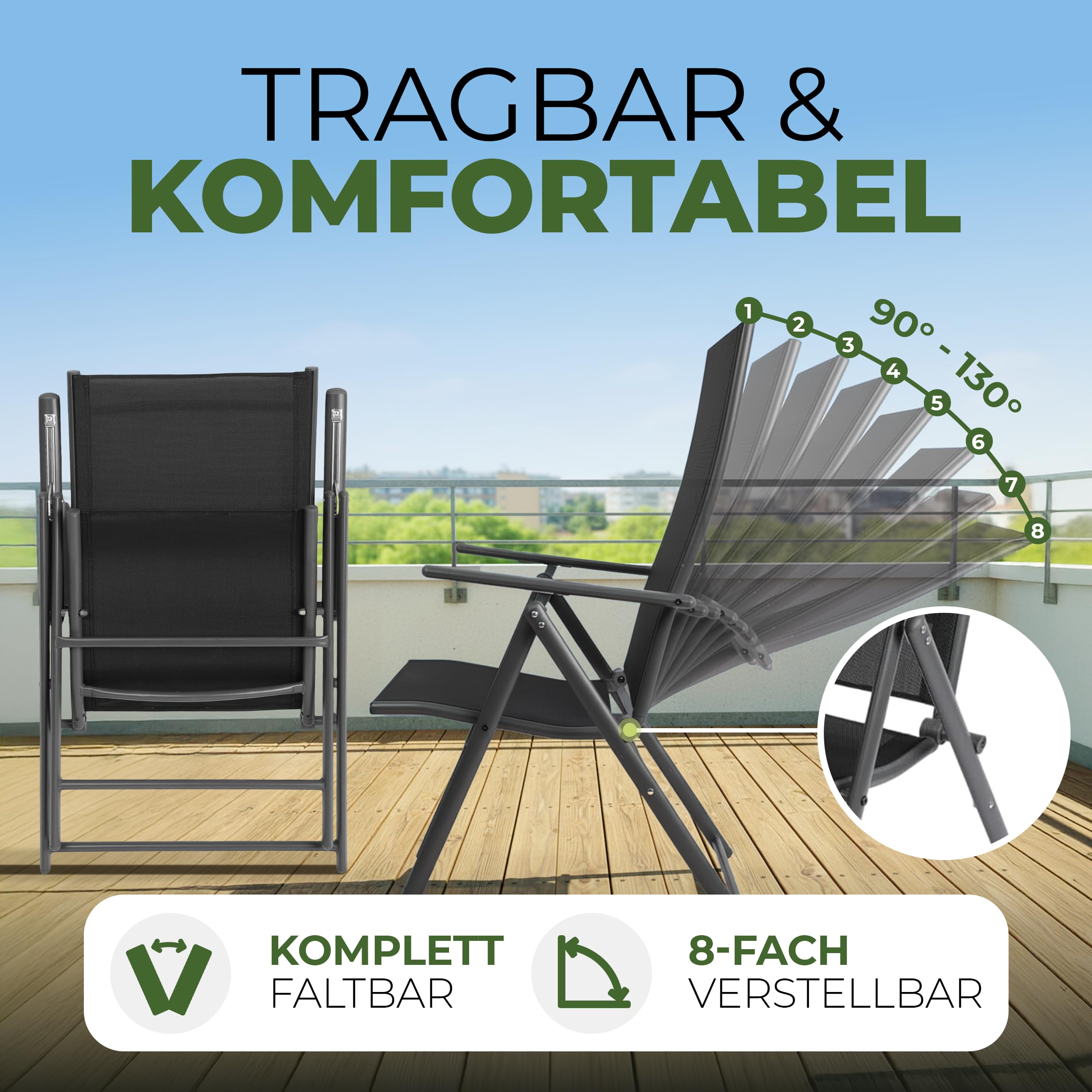 SONGMICS Tuinstoelen, set van 2, klapstoel, outdoorstoelen met robuust aluminium frame, rugleuning 8-traps verstelbaar, tot 120 kg belastbaar, zwart GCB29BK