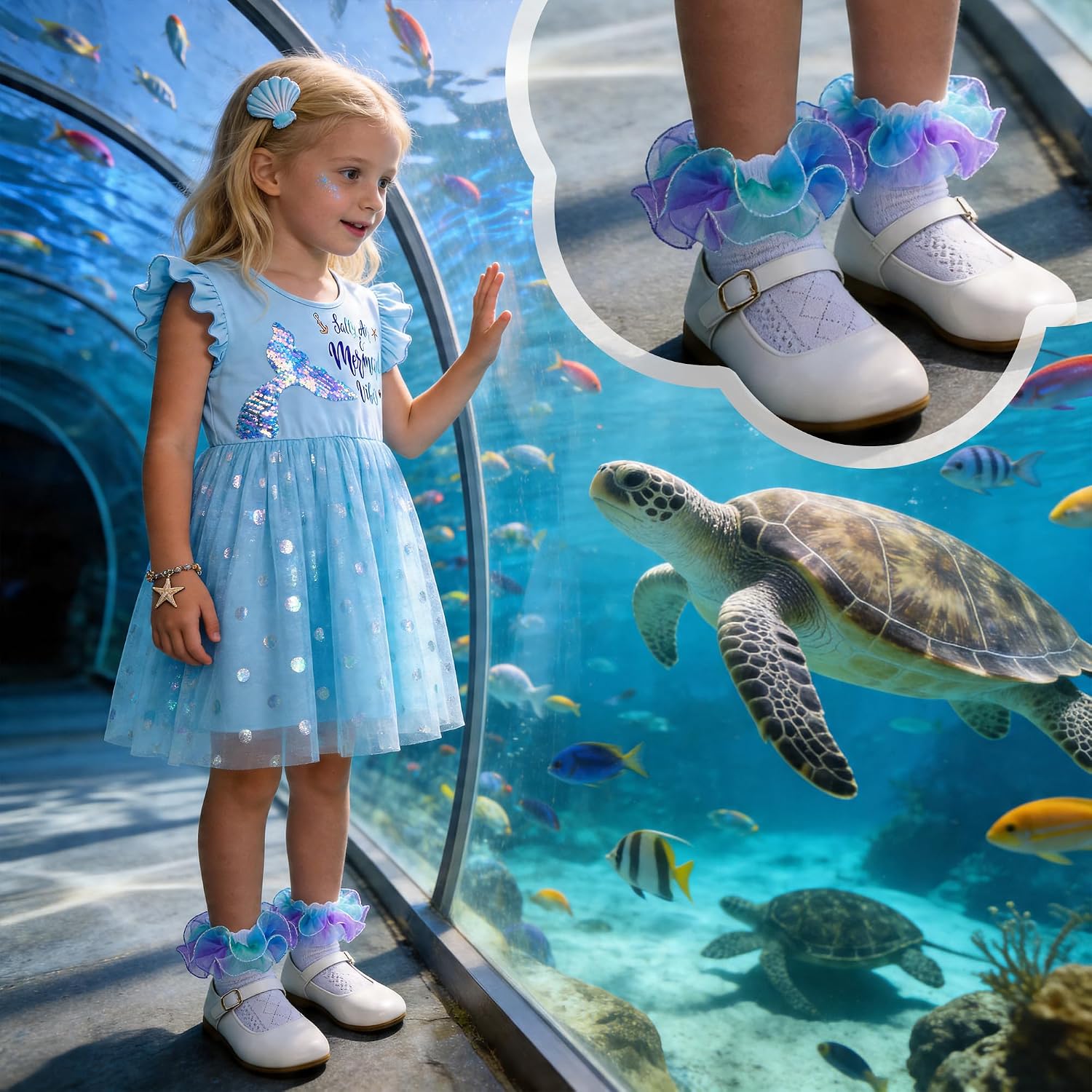Little Girls Rainbow Socks - 3 Pairs Ruffle Lace Socks with Mesh Cotton Ankle Socks for 2-12 Years