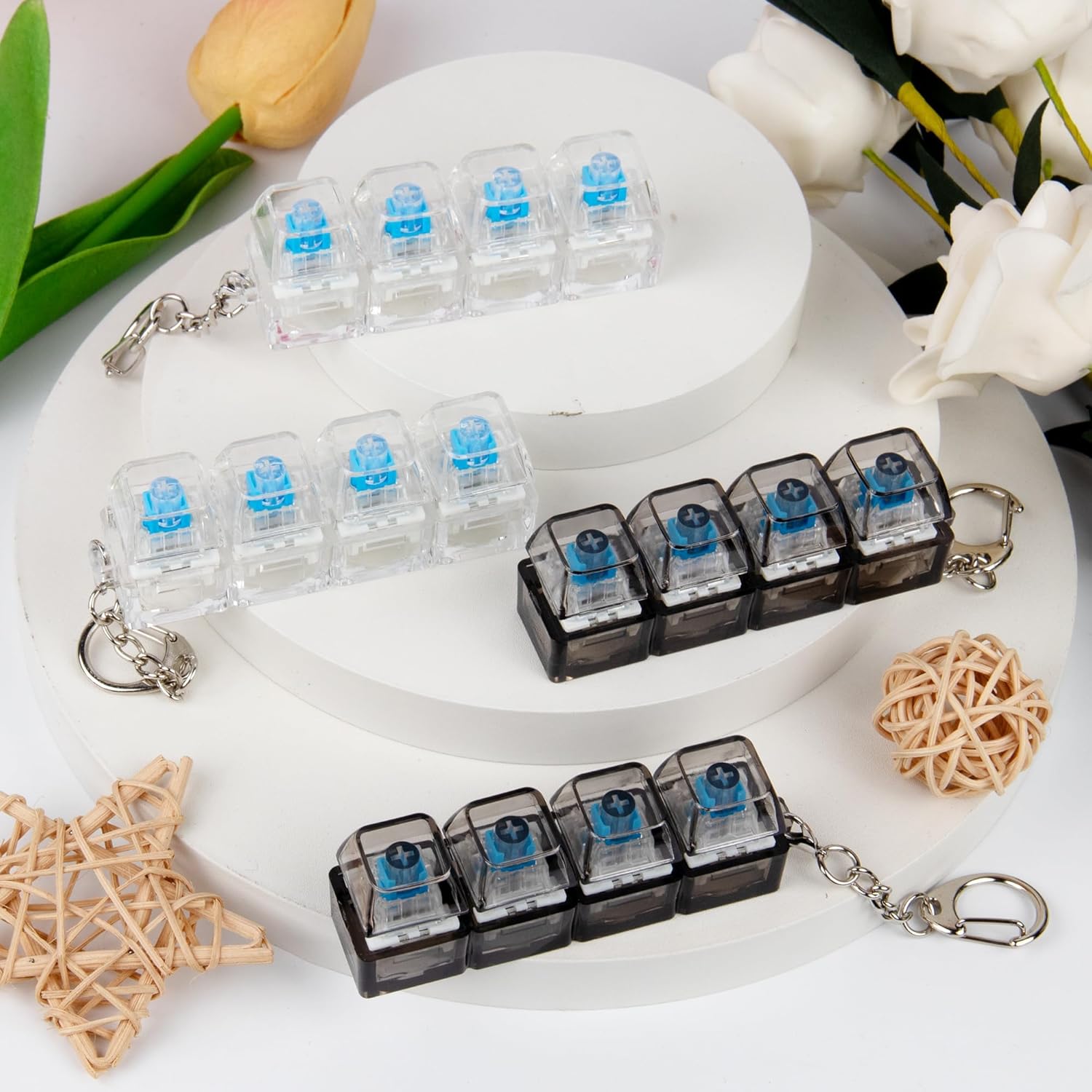 4 PCS Keyboard Fidget Toy, Keyboard Fidget Keychain 4-in-1 Keyboard Decompression Button Finger Clicker Toys, Button Stress Relief Fidget Gifts (Clear Black)