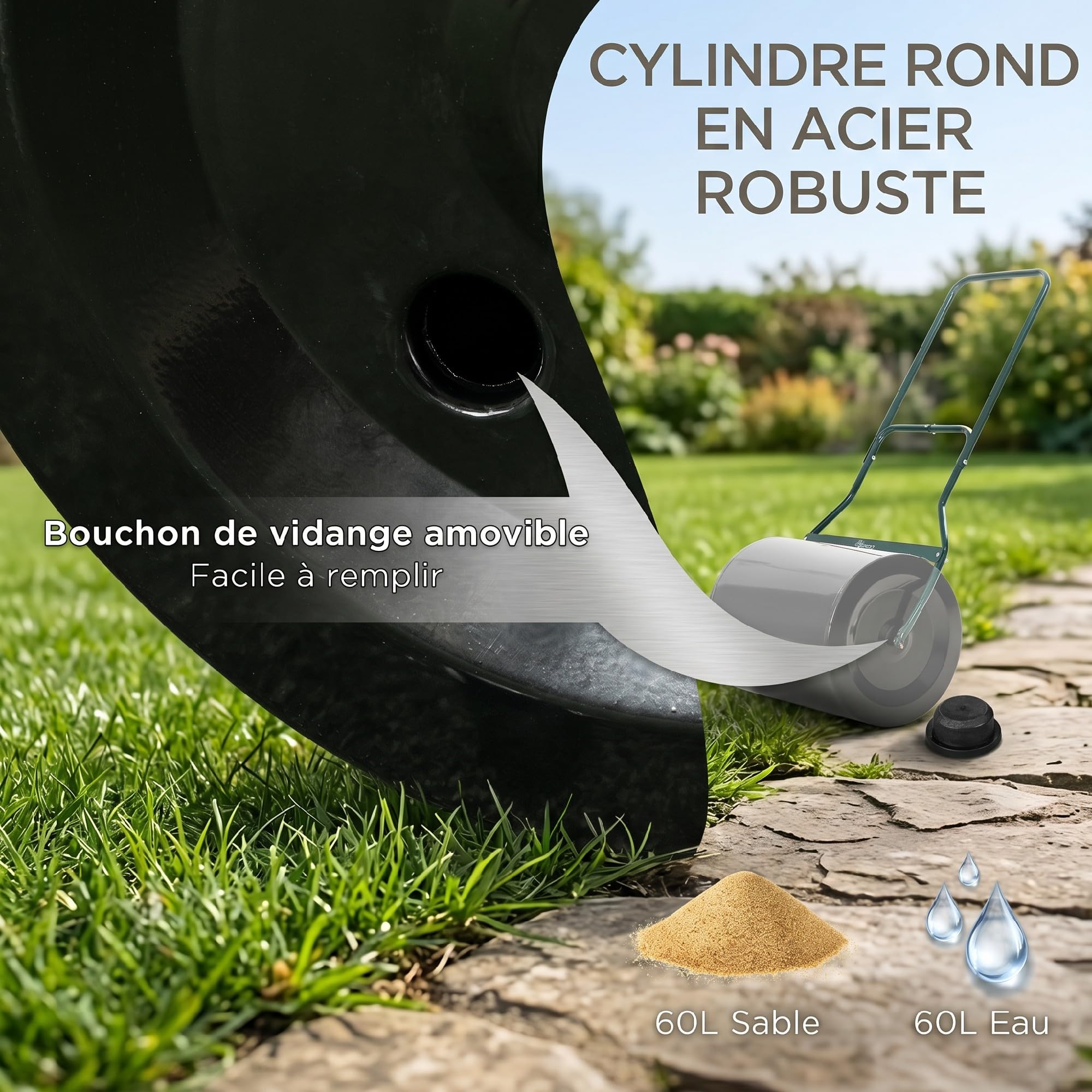 Outsunny Rouleau à Gazon Rouleau de Jardin 50 cm remplissable avec 60 L d’Eau ou de Sable, poignée Ergonomique, Outil de Jardinage pour pelouse, Patio et Parc, Noir et Vert