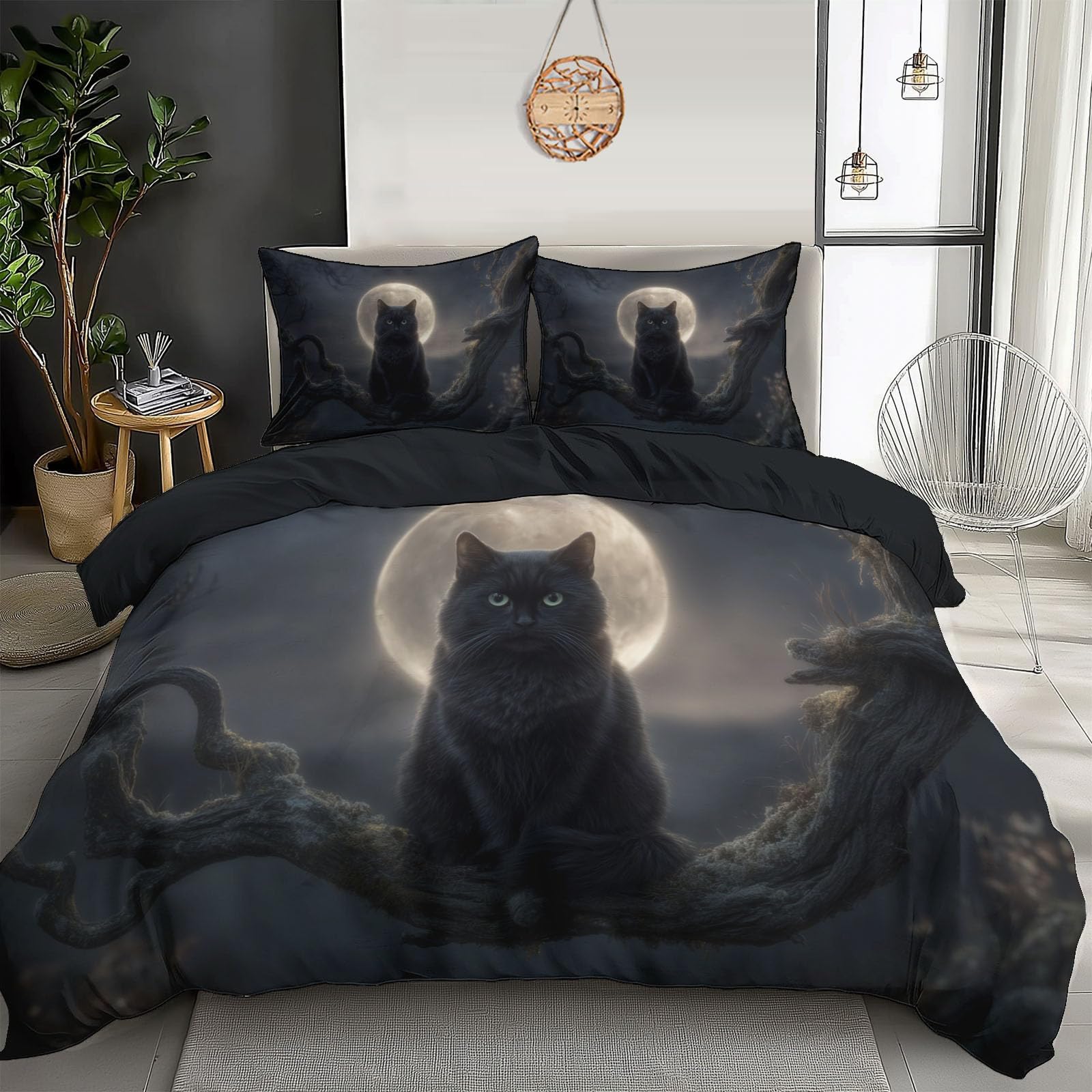Parure de couette chat noir 200x200 cm avec 2 taies d'oreiller en microfibre imprimée