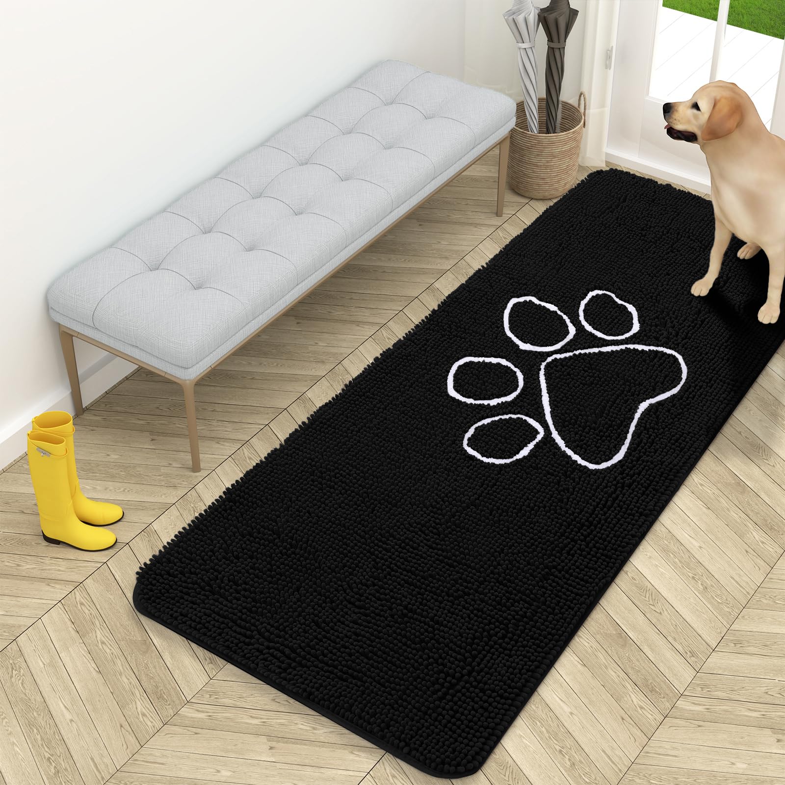OLANLY Dog Door Mat for Muddy Paws 59x24, Paw Print Design Chenille Mud Mat