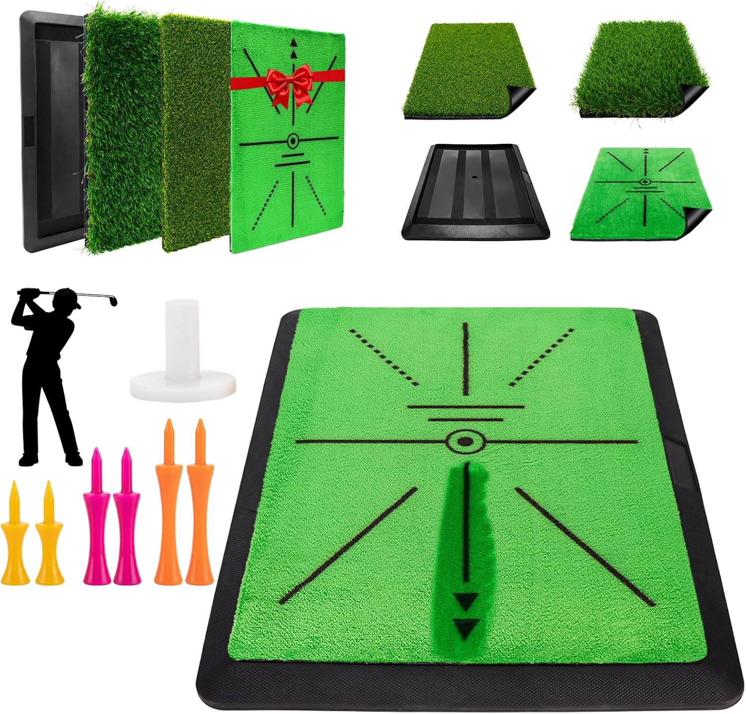 3-in-1 Golf Hitting Mat, 12" x 16" Replaceable Golf Practice Mat with Non-Slip Rubber Base, Golf Training mat for Swing Path, Chipping mat & Putting, Portable for Backyard, Garage, Indoor & Outdoor