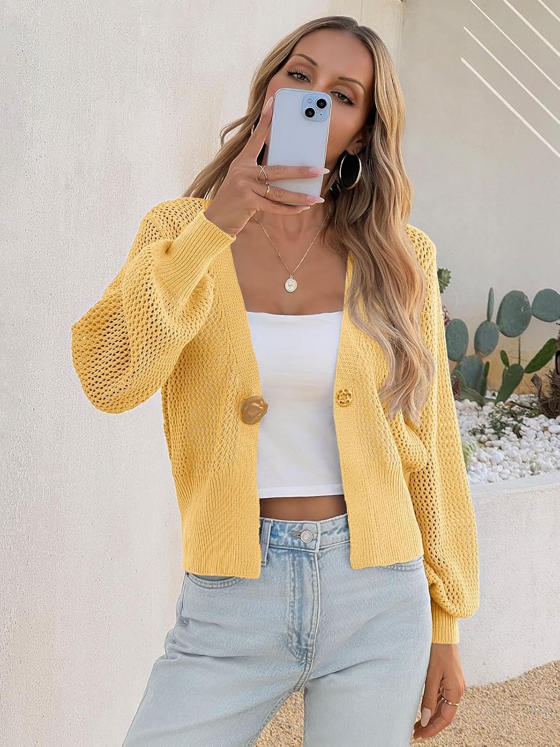 Cicy Bell Womens Cropped Crochet Cardigans Hollow Out Button Down Lantern Sleeve Knit Sweaters Casual Mesh Loose Fit Cover Up