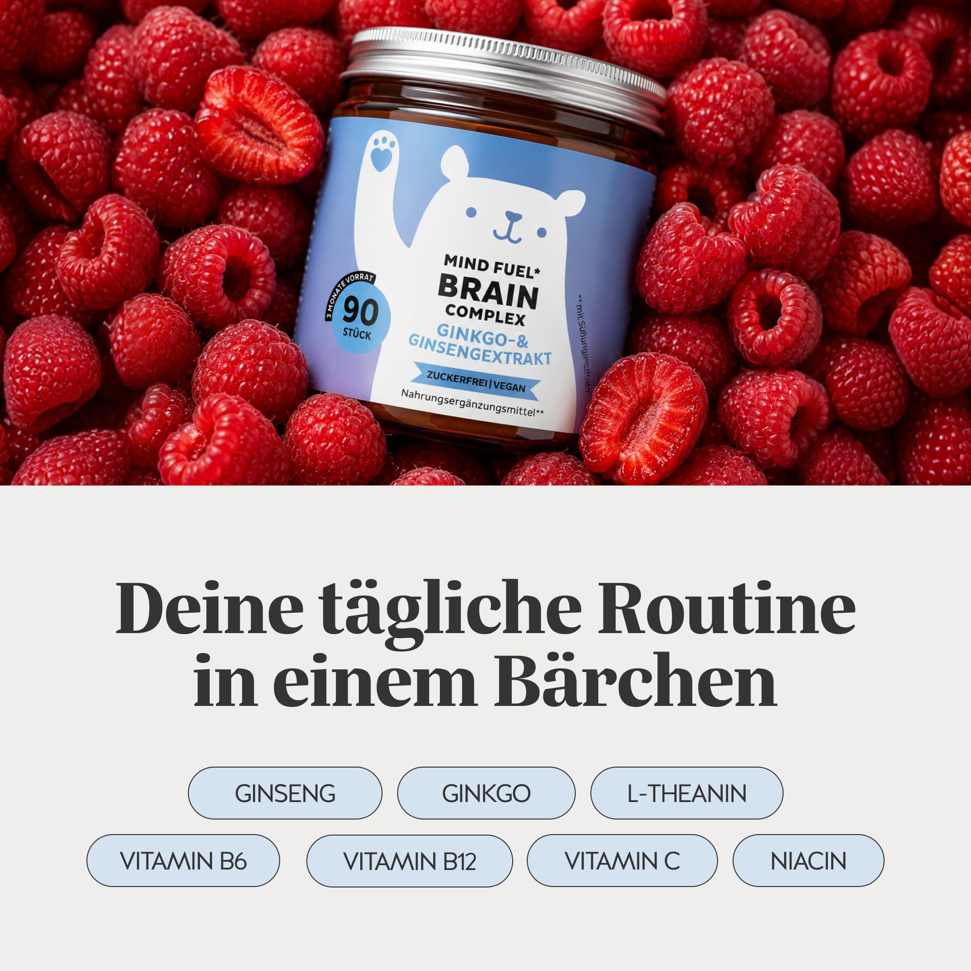 Bears with Benefits - Gummibärchen Ginseng - Konzentration - 90 Stück | Mind Fuel Brain - Ginseng, Ginkgo, L-Theanin, Vitamin B6, B12, C & Niacin - Vorrat für 3 Monate - Zuckerfrei, Vegan