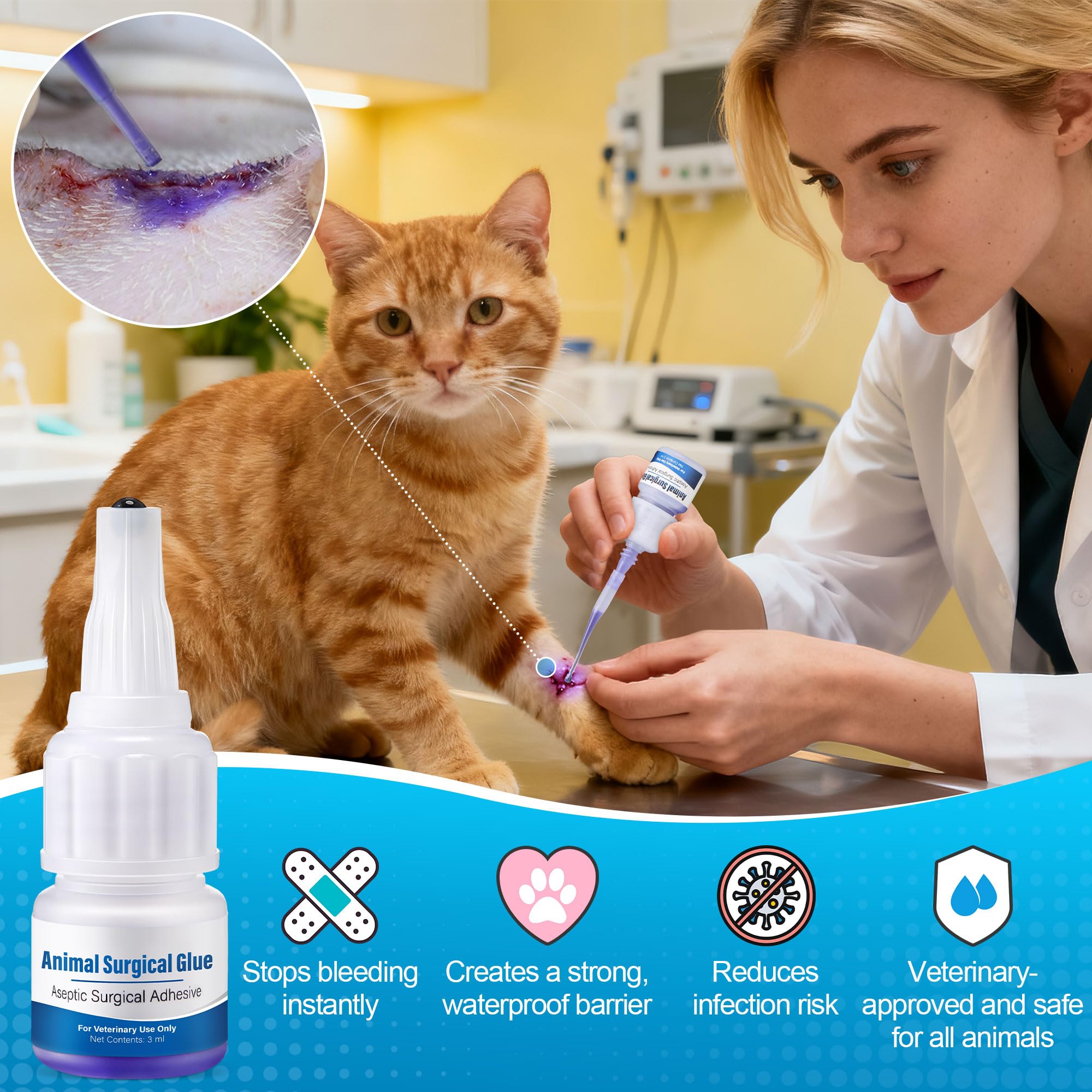 Veterinary Surgical Skin Glue, Strong Surgical Adhesive with 10 Precise Applicators, Blue Tinted Fast Acting Waterproof Wound Closure for Pets Dogs Cats, Pain Free & Stress Free(1 Pack,3ml) — Amazon image 3