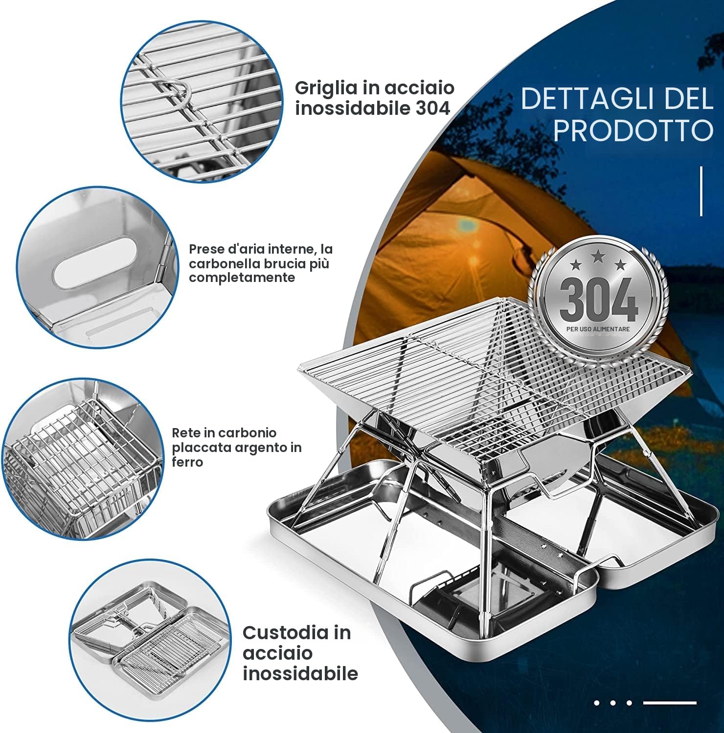 KAHEIGN Pozzo del Fuoco Dell'acciaio Inossidabile, Griglia per Barbecue Pieghevole Pozzo del Falò Portatile Griglia a Carbone a Legna Sollevabile - con Ferro Scatola, Borsa per Trasporto