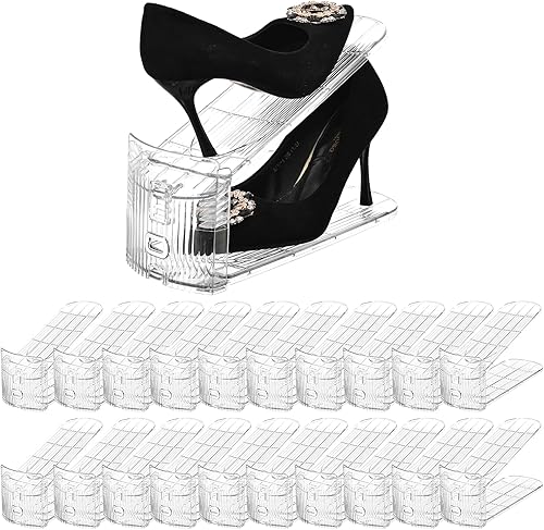 Organizador de ranuras para zapatos, paquete de 20 apiladores de zapatos transparentes para un par de zapatos, zapatero ajustable con tres niveles,