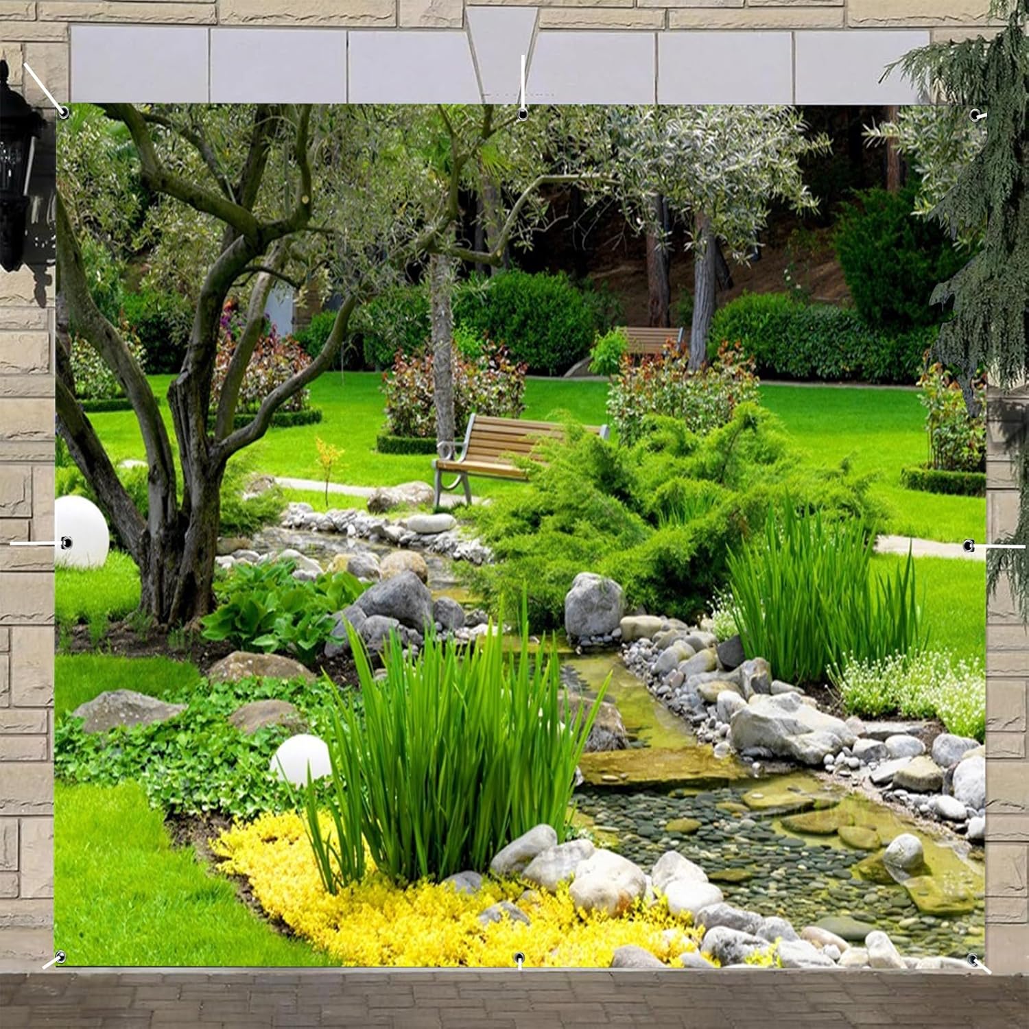 Spring Natural Scenery Garage Door Cover Banner Decorations Backdrop 6x8ft Park Trees Green Lawn Bench Garage Door Banner Decorations Birthday Party Camping Outdoor Picnic Garage Door Backdrop