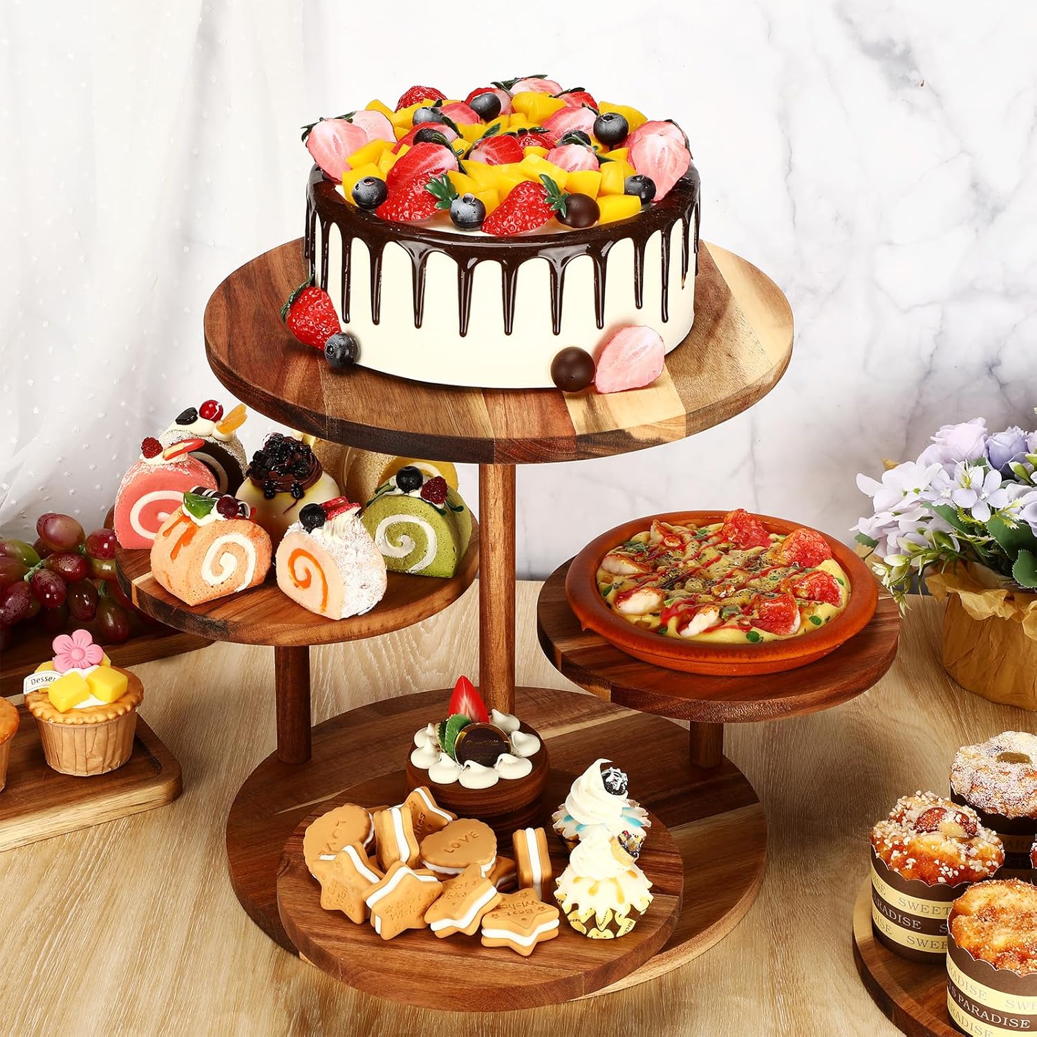 Hushee 4 Pcs Wood Round Cupcake Tower Stand with Serving Platters Trays Set, 4 Tier Wooden Cake Stand Tray with 1 Round Dinner Plate 2 Rectangular Plates for Dessert Snack Party(Brown)