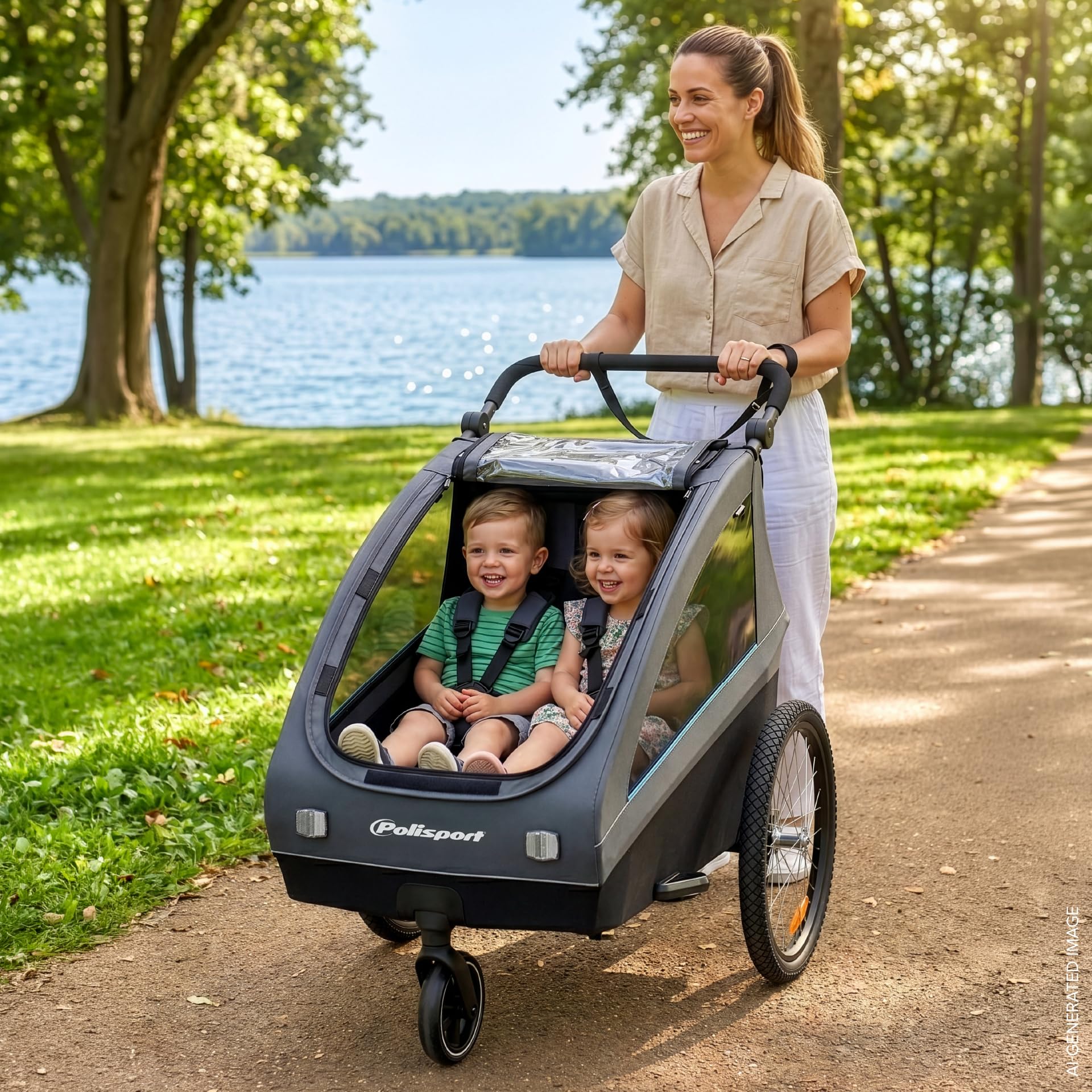 Polisport Rimorchio Bici Bambini 2 in 1 con Passeggino, Nero/Grigio