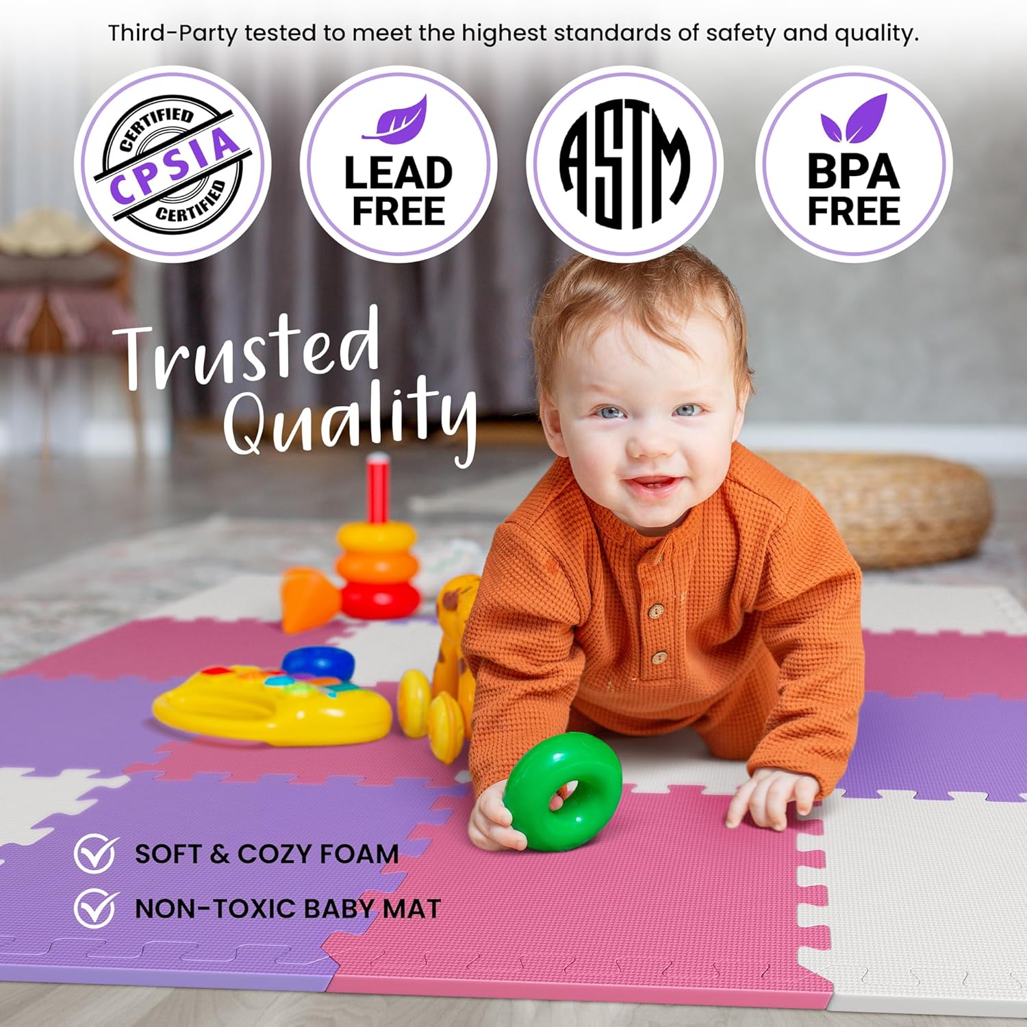 36 Tiles with Borders | 12" x 12" Baby Play Mat Foam Puzzle Floor Tiles | Non-Toxic Soft Waterproof Interlocking EVA Playmat for Nursery Playroom Playpen Toddler Tummy Mat