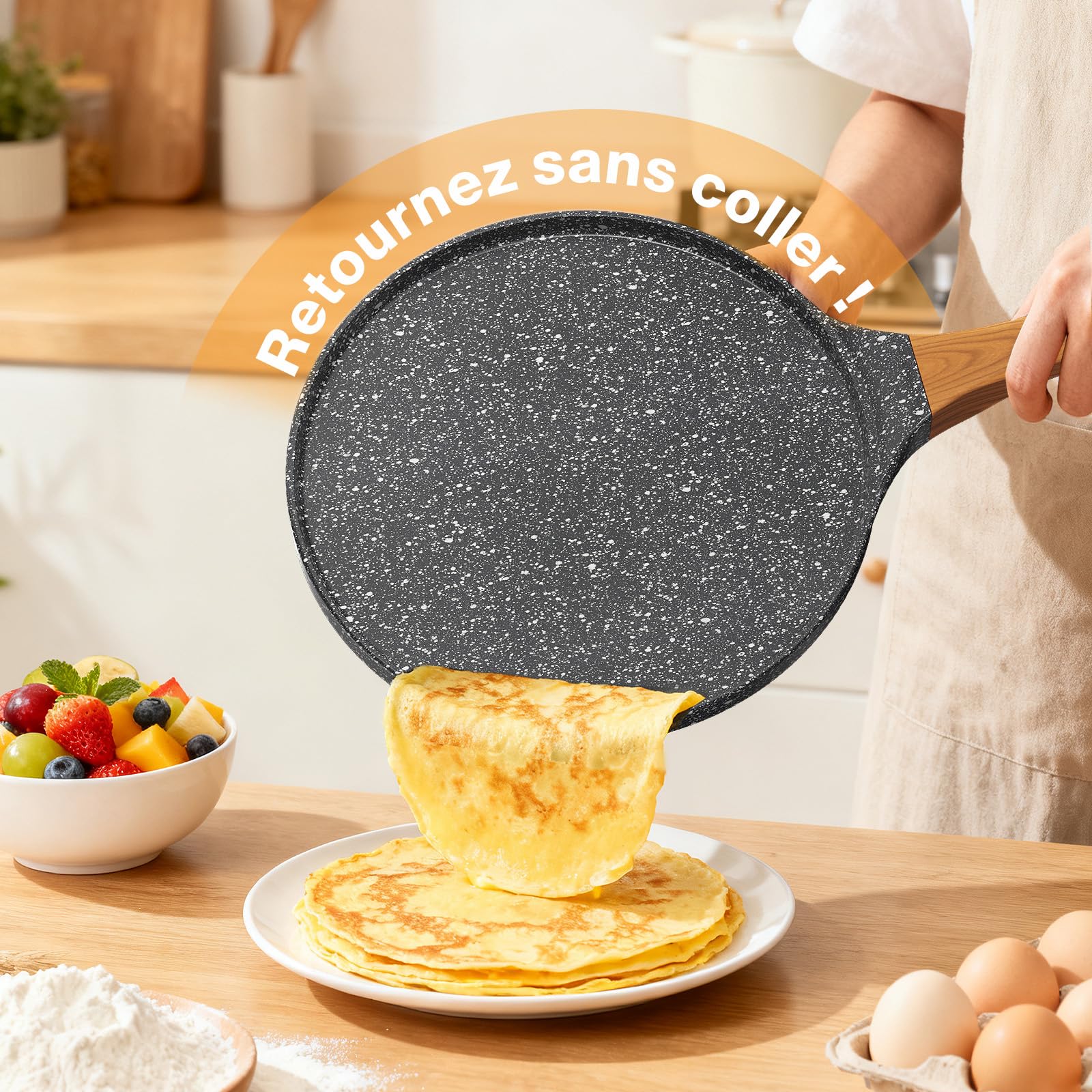 YASHE Crêpière 26 cm antiadhésive, non toxique, sans PTFE ni PFAS | Poêle plate en aluminium moulé avec répartiteur en bois; pour crêpes, pancakes, galettes, dosas et tortillas