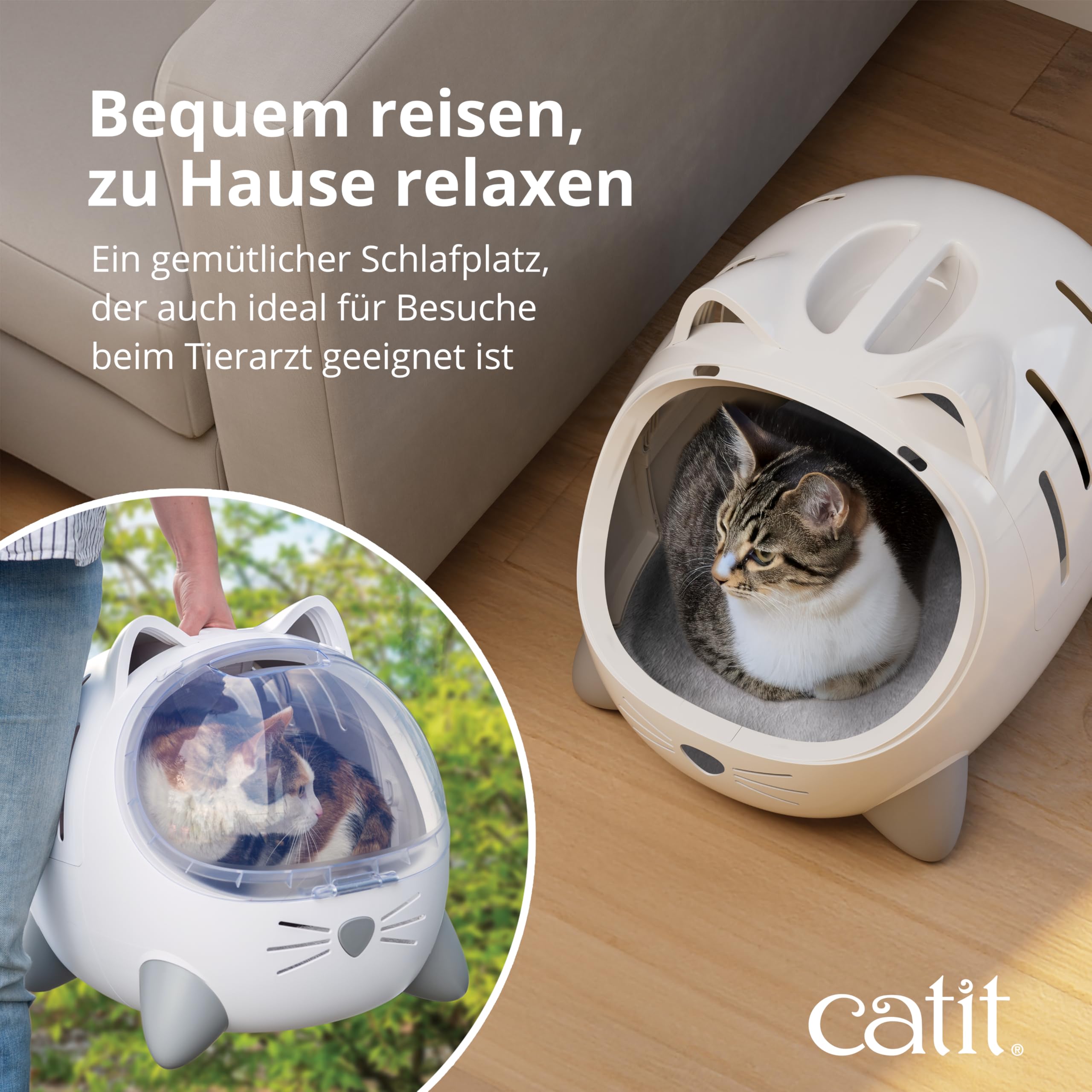 Catit PIXI MIO Katzentransportbox & Katzenbett 2-in-1, stressarme Transportlösung für Katzen bis 6 kg, grau