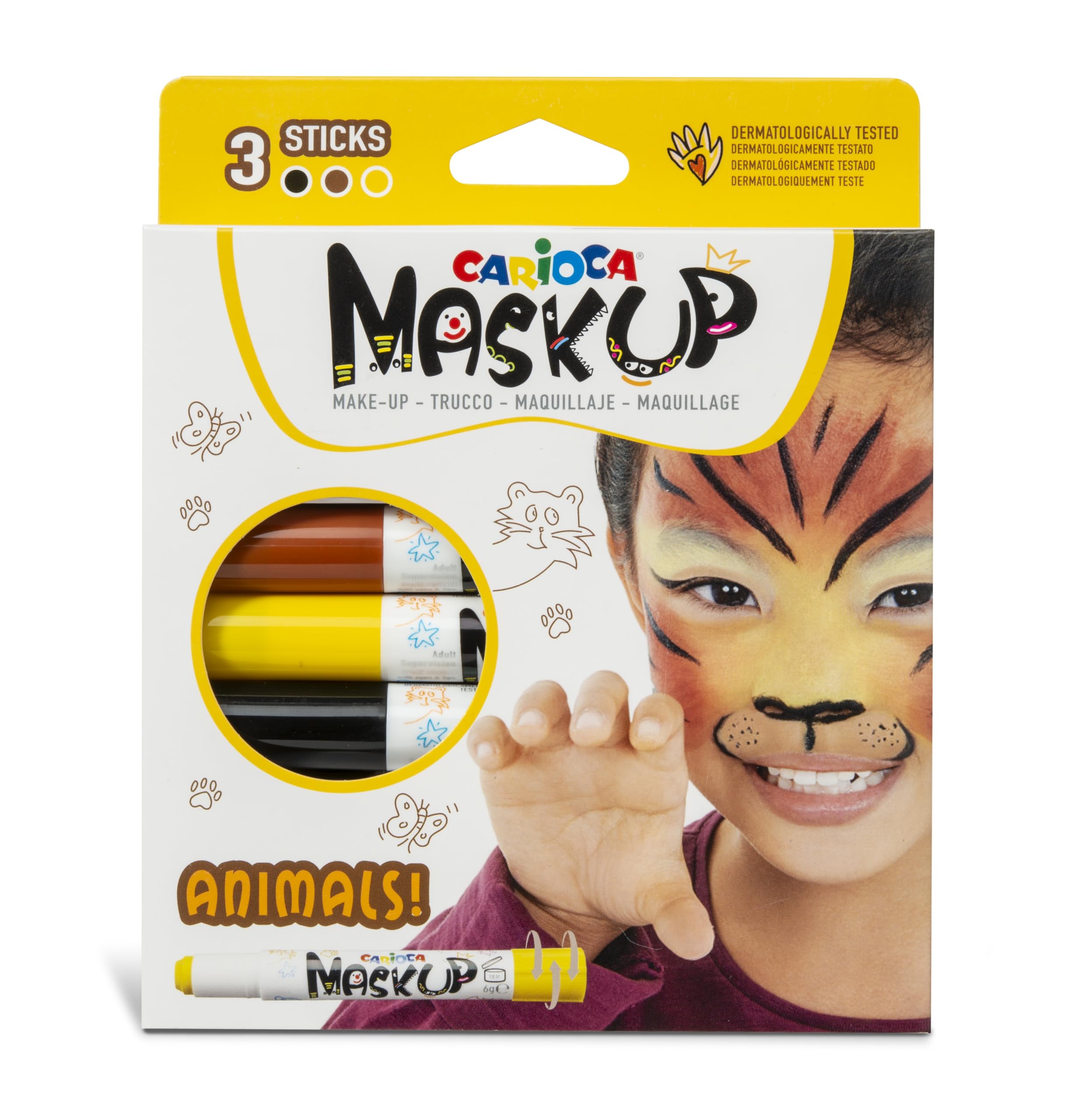 CARIOCA Mask Up Animals, Face Painting Kit for Boys and Girls, Make-up Sticks Ideal for Christmas, Halloween, Carnival and Parties - 3 Colours and 2 Tutorials - Dermatologically Tested