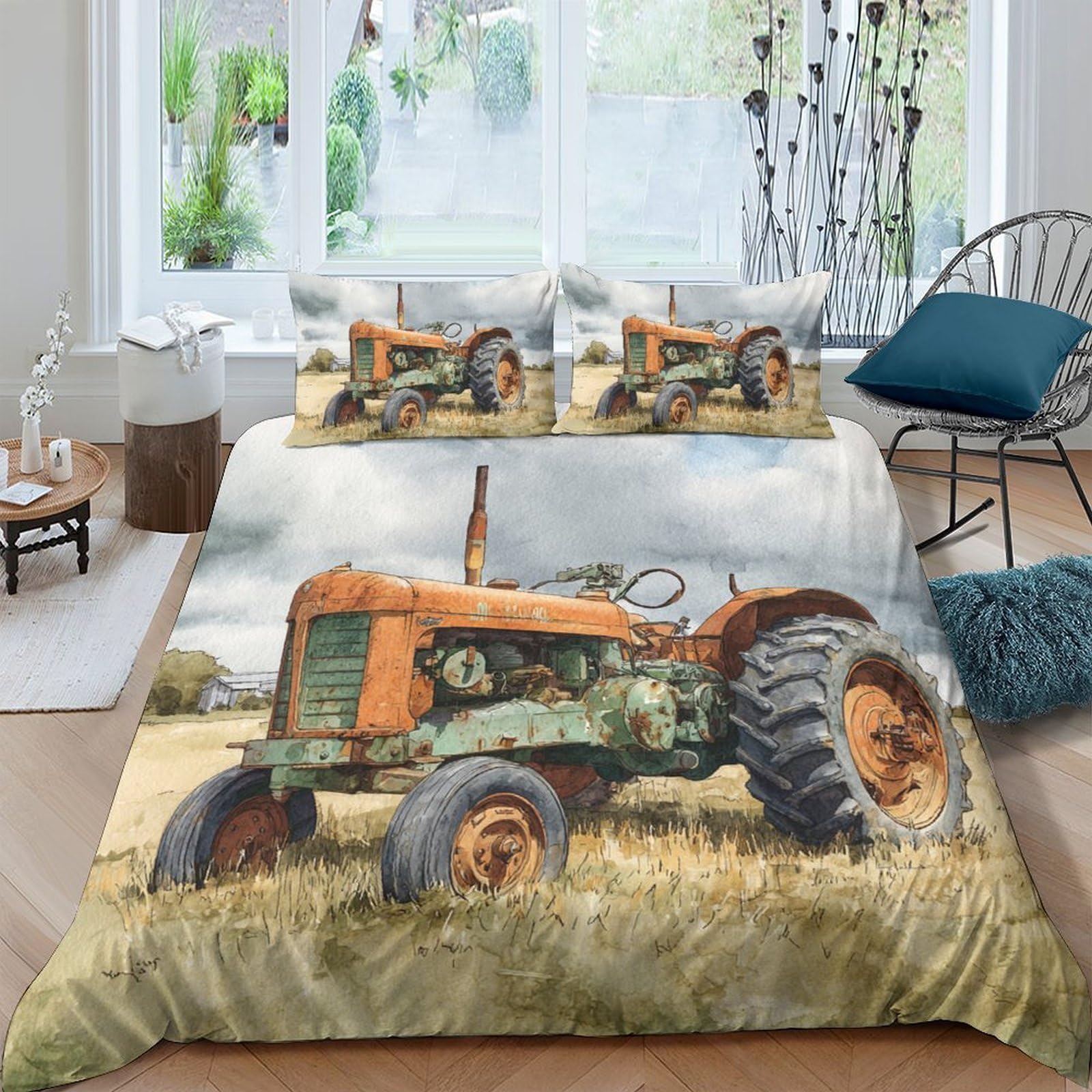 Ctjqhvkz Style-4 3D Printed Vintage Tractor Fitted Sheet Microfiber Farm Field Bed Cover Anti-Slip Machine Wash Bedroom Decor Single（135X200cm）
