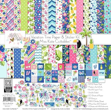 Miss Kate Cuttables Paper & Sticker Kit - Vacation Time - for Travel - 20 Double-Sided 12x12 Papers with 39 Designs & 1 8X12 Sticker Sheet - Scrapbooking Card Making Crafting