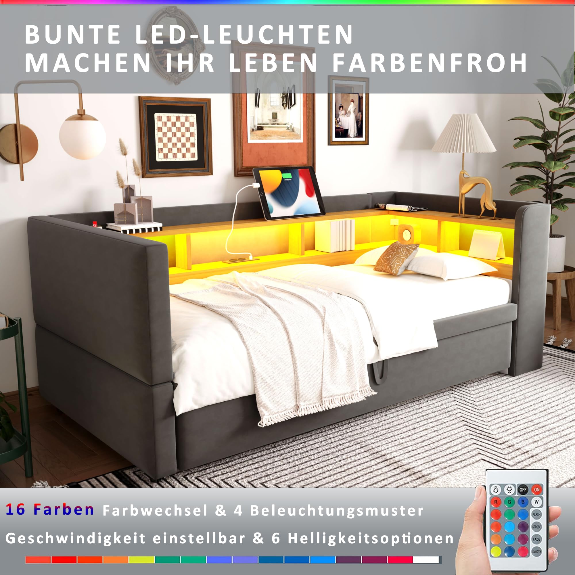 Divano Letto Estraibile 90/180 * 190cm, Letto Imbottito con Luci a LED e Prese USB, Numerosi Vani Portaoggetti Laterali, Multifunzione Lettos Singol, Grigio Scuro