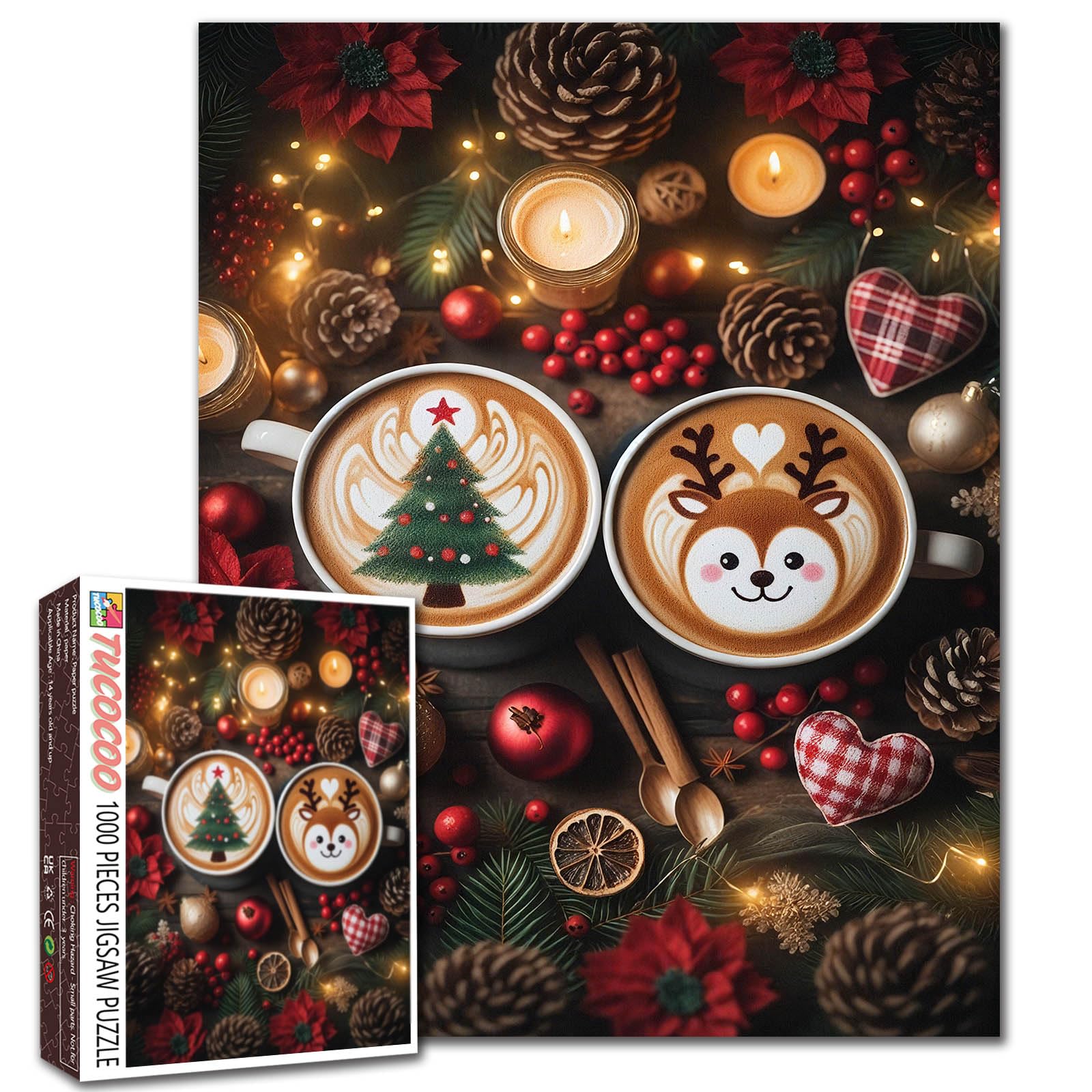 Christmas Latte Art with Reindeer Tree 1000 Piece Jigsaw Puzzle for Adults Students Holiday Coffee Puzzle Cozy Winter Decor Festive Morning Home