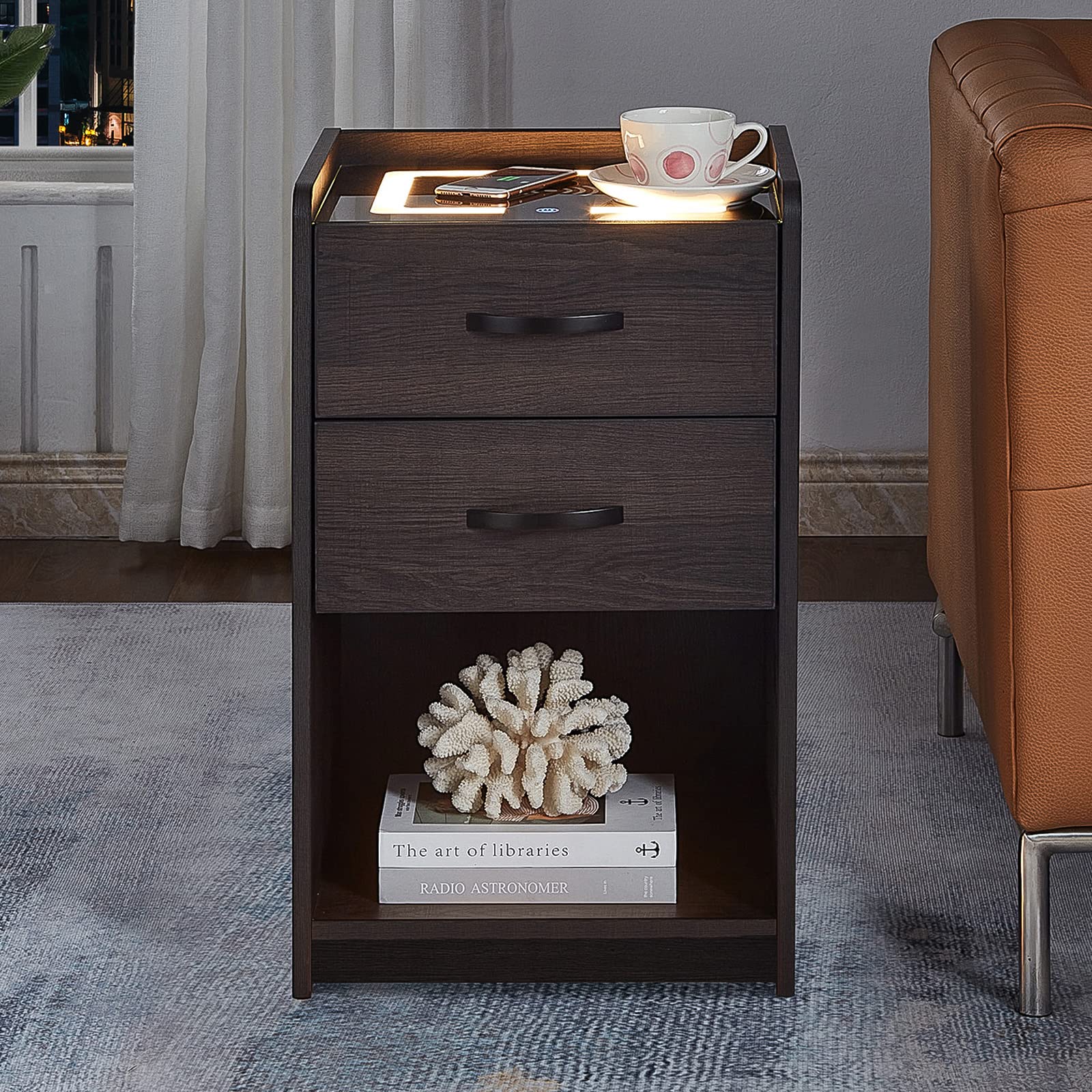 Photo 1 of (READ NOTES) OLD CAPTAIN Nightstand with Wireless Charging Station, Smart Bedside Tables with Drawers and Open Storage Shelf for Bedrooms (Walnut) 1 pack-13.7"D x 15.7"W x 26.5"H Walnut